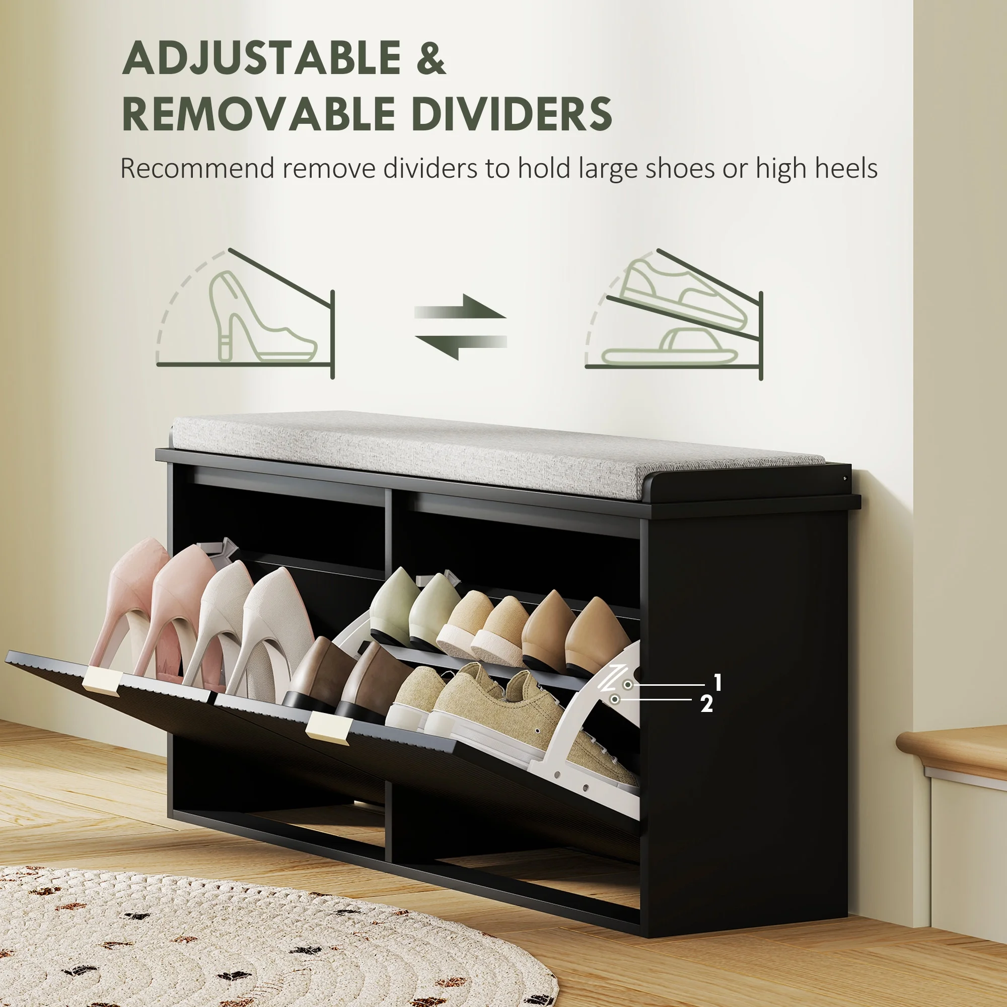 HOMCOM Shoe Bench with Padded Seat Cushion and Flip-Drawer, Entryway Bench Holds up to 529lb, 40.9x10.2x18.7 Inches, Black