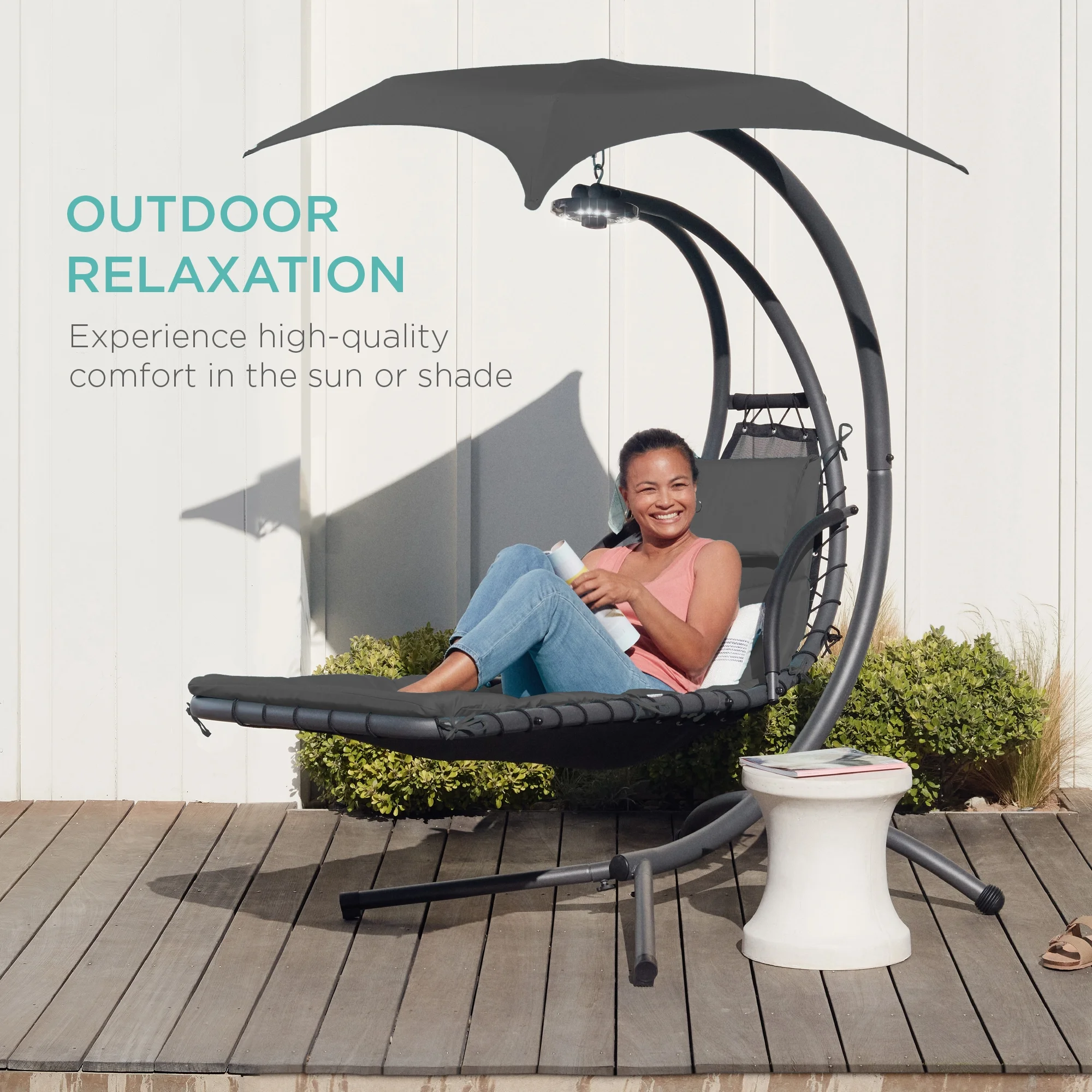 Best Choice Products Hanging Curved Chaise Lounge Chair Swing for Backyard, Patio w/ Pillow, Shade, Stand - Teal