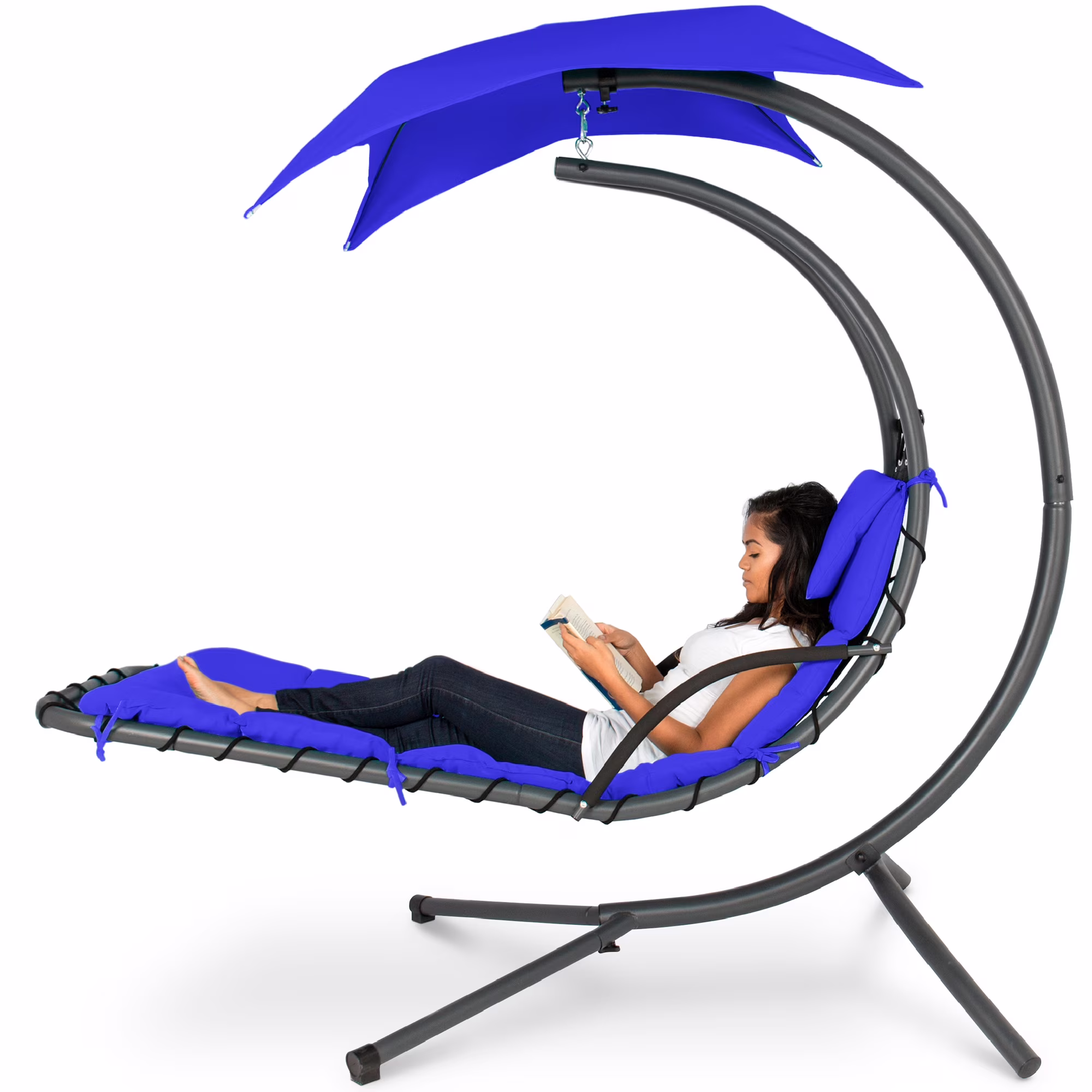 Best Choice Products Hanging Curved Chaise Lounge Chair Swing for Backyard, Patio w/ Pillow, Shade, Stand - Teal