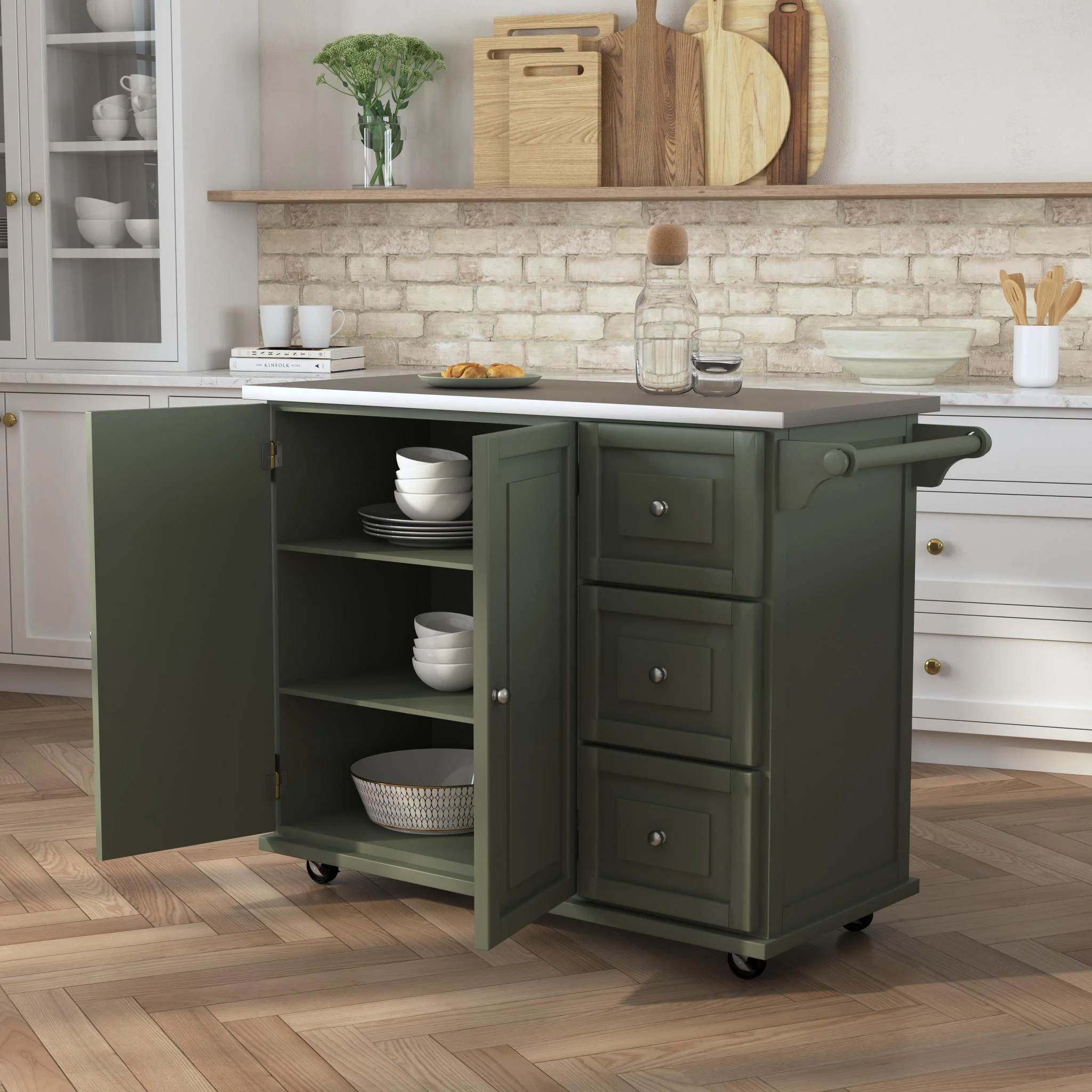Homestyles Dolly Madison Engineered Wood Kitchen Cart in Sage Green/Nickel