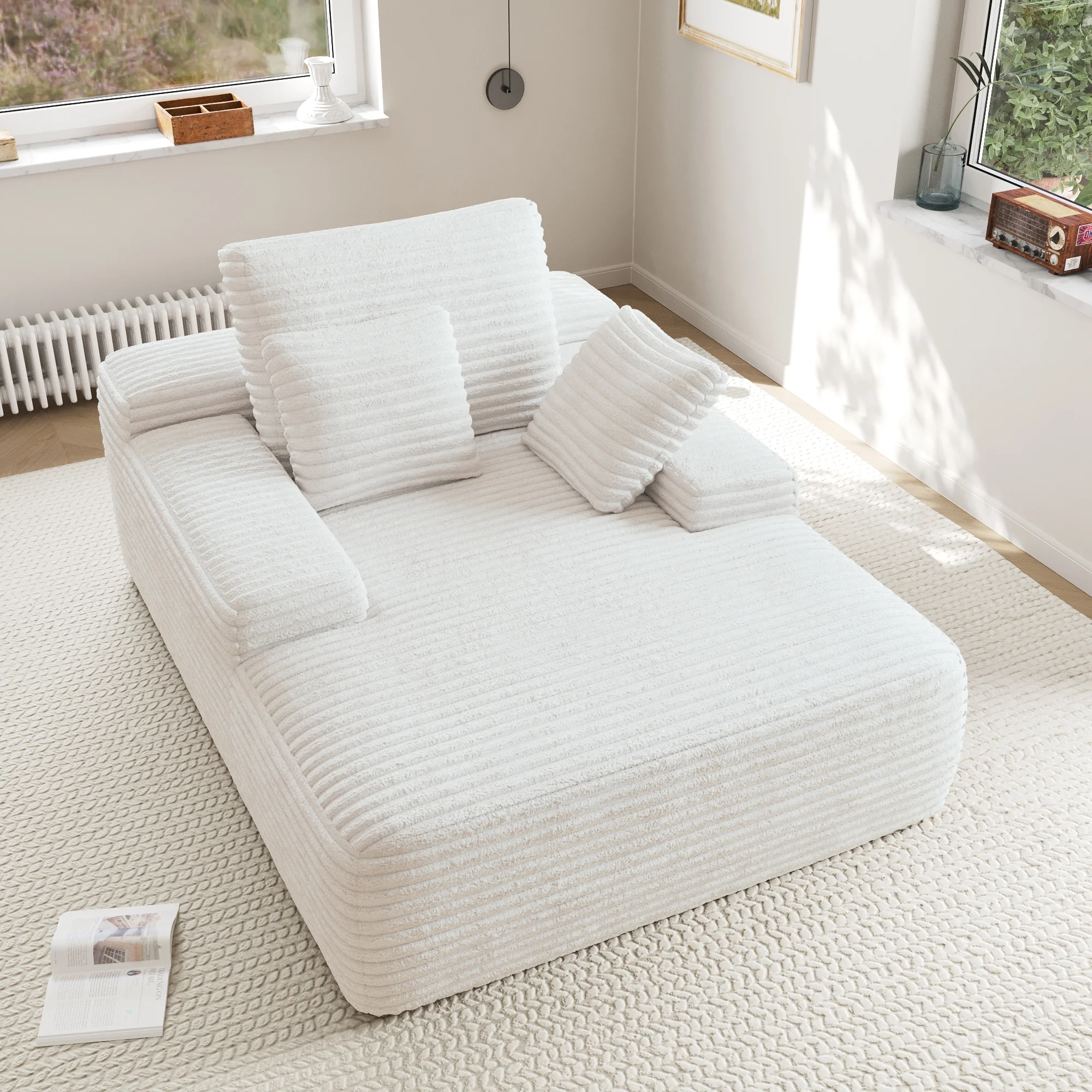 Sodrens Oversized Chaise Lounge Chair Indoor,Upholstered Sofa Bed with Throw Pillows and Armrests,Sleeper Chair for Living Room,Bedroom,Brown,Corduroy
