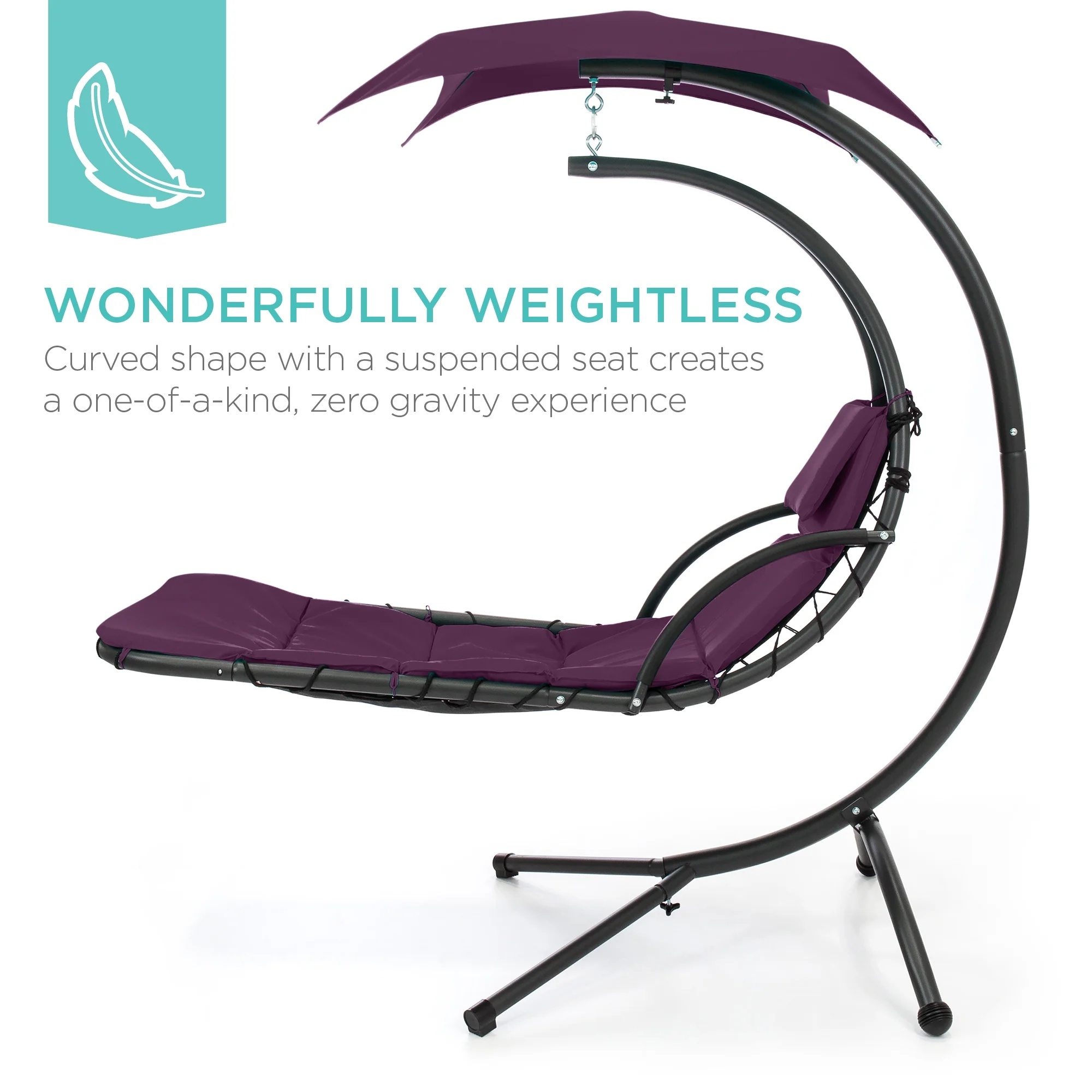 Best Choice Products Hanging Curved Chaise Lounge Chair Swing for Backyard, Patio w/ Pillow, Shade, Stand - Teal