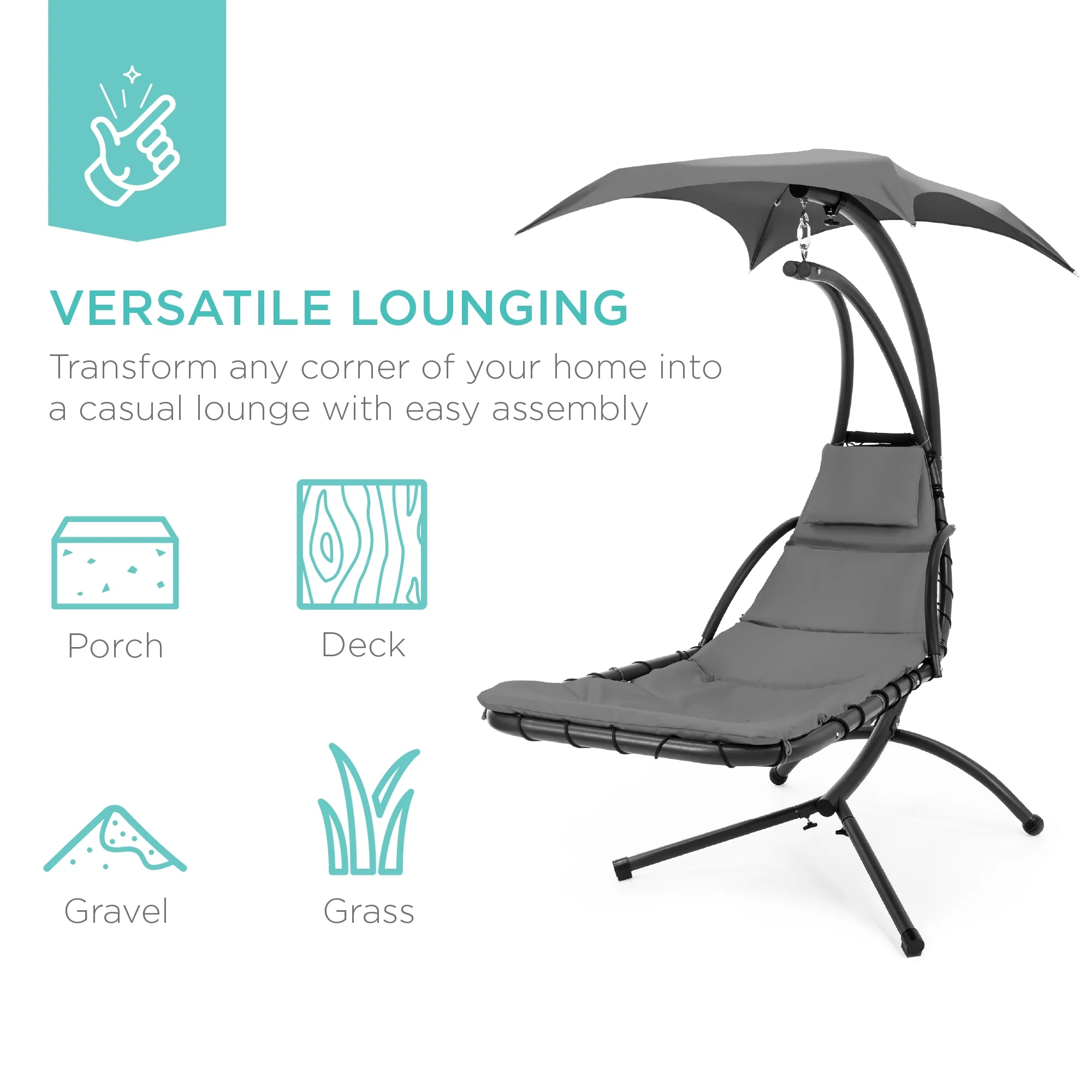 Best Choice Products Hanging Curved Chaise Lounge Chair Swing for Backyard, Patio w/ Pillow, Shade, Stand - Teal