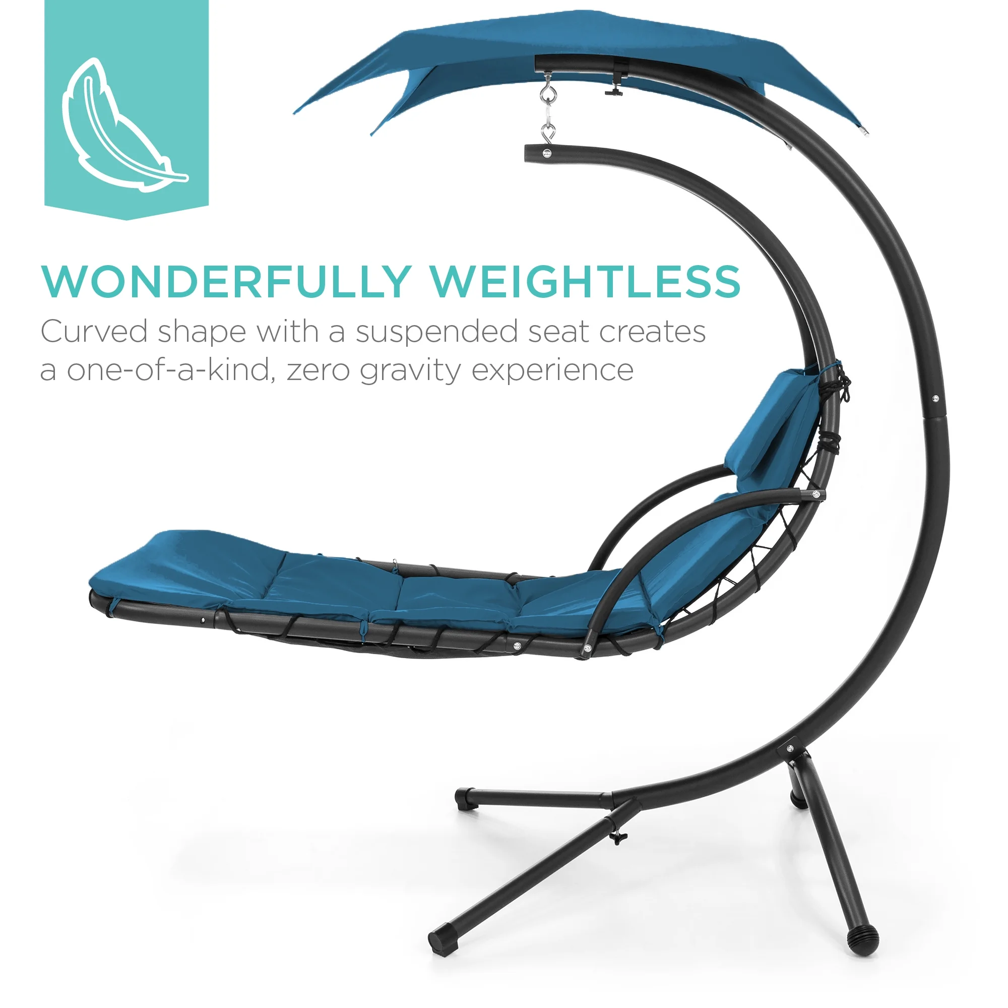 Best Choice Products Hanging Curved Chaise Lounge Chair Swing for Backyard, Patio w/ Pillow, Shade, Stand - Teal