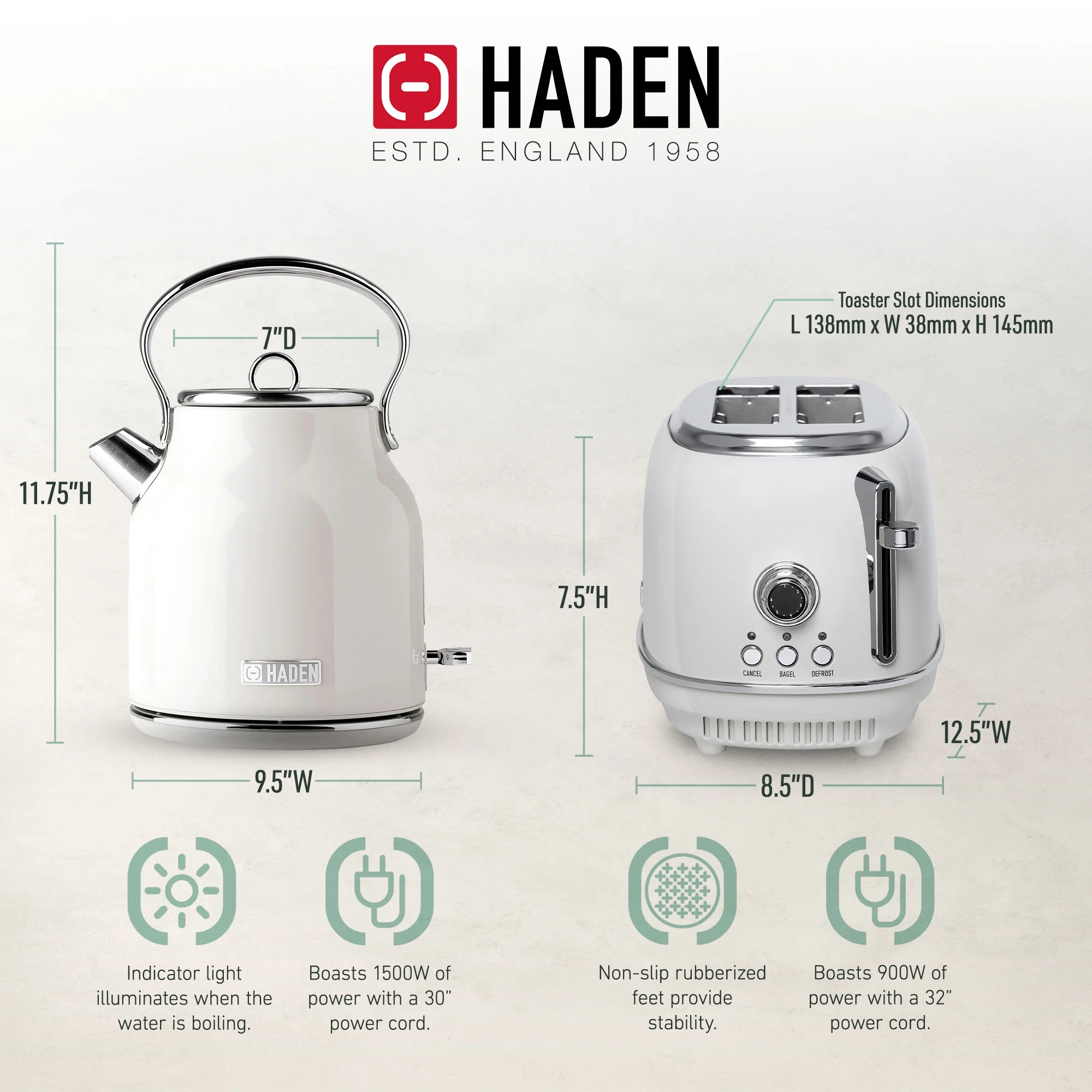 Haden Heritage 1.7 Liter Electric Kettle with 2 Slice Bread Toaster, White