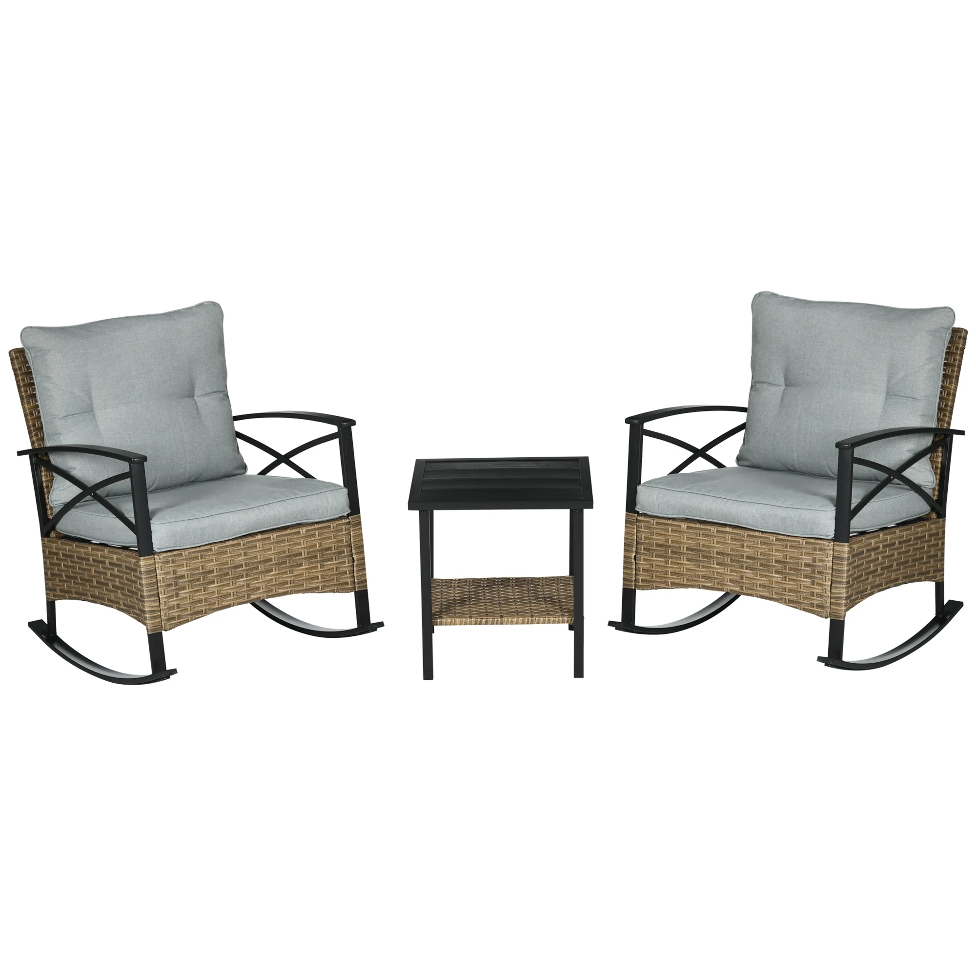 Outsunny 3pc Rocking Chair Set w/ Cushions, Wicker Bistro Set, Blue