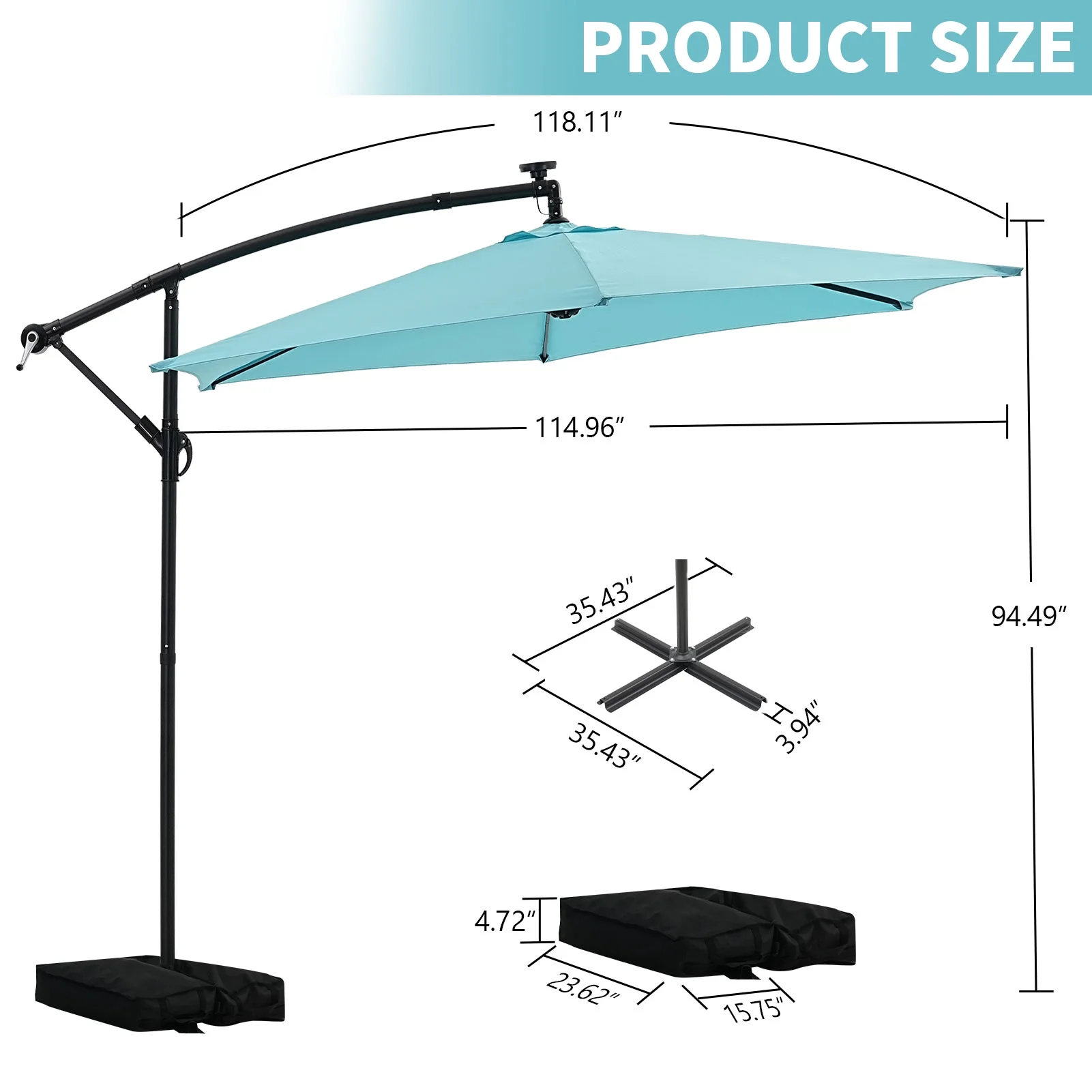 Ainfox 10ft Cantilever Patio Umbrella with Lights, Offset Market Umbrella with Sandbags Weighted Base and Cross Base,Khaki