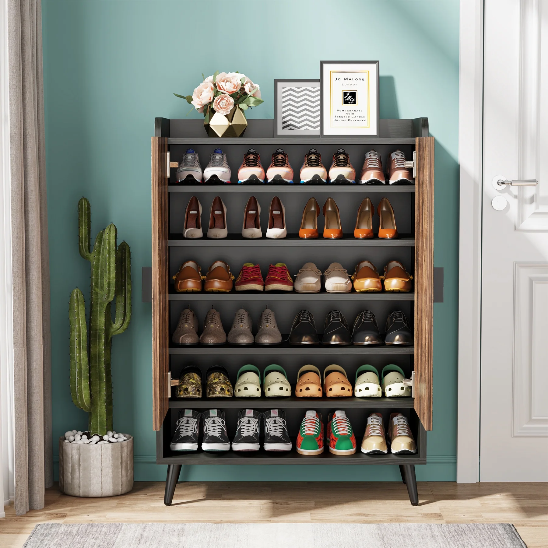 Tribesigns Shoe Cabinet with Doors, 7-Tier Shoe Storage Cabinet with Adjustable Shelves, Wood Grain Shoes Rack Shoe Organizer