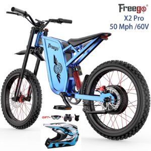 50MPH Electric Dirt Bicycle Freego X2 Pro,6000W(Peak)Motor Electric Motorcycle, Electric Bike for Adults, 60V30AH Battery, 19x2 Tire Full Suspension Hydraulic Brake Half Throttle UL2849