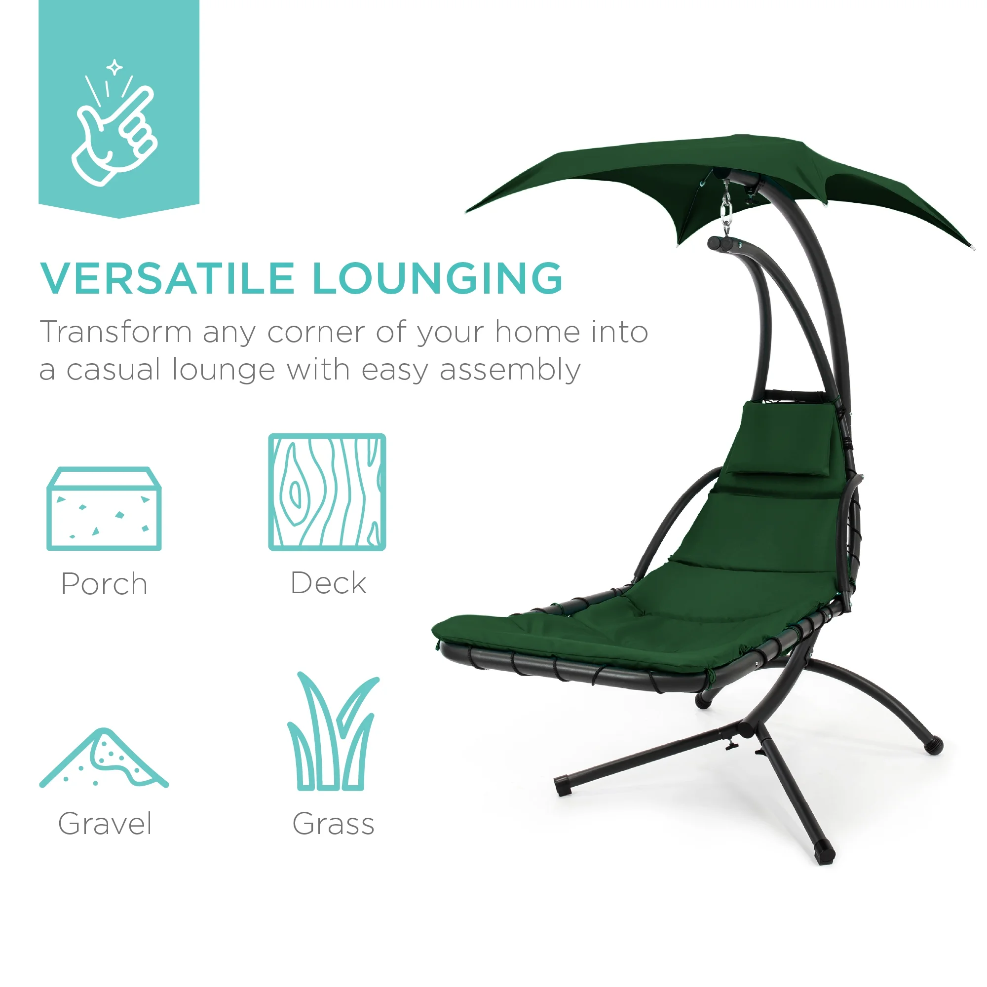 Best Choice Products Hanging Curved Chaise Lounge Chair Swing for Backyard, Patio w/ Pillow, Shade, Stand - Teal