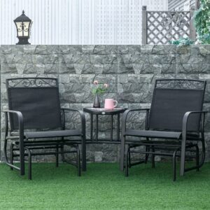 Outsunny Outdoor Glider Chairs with Coffee Table, Patio 2-Seat Rocking Chair Swing with Breathable Sling for Backyard, Garden and Porch, Black