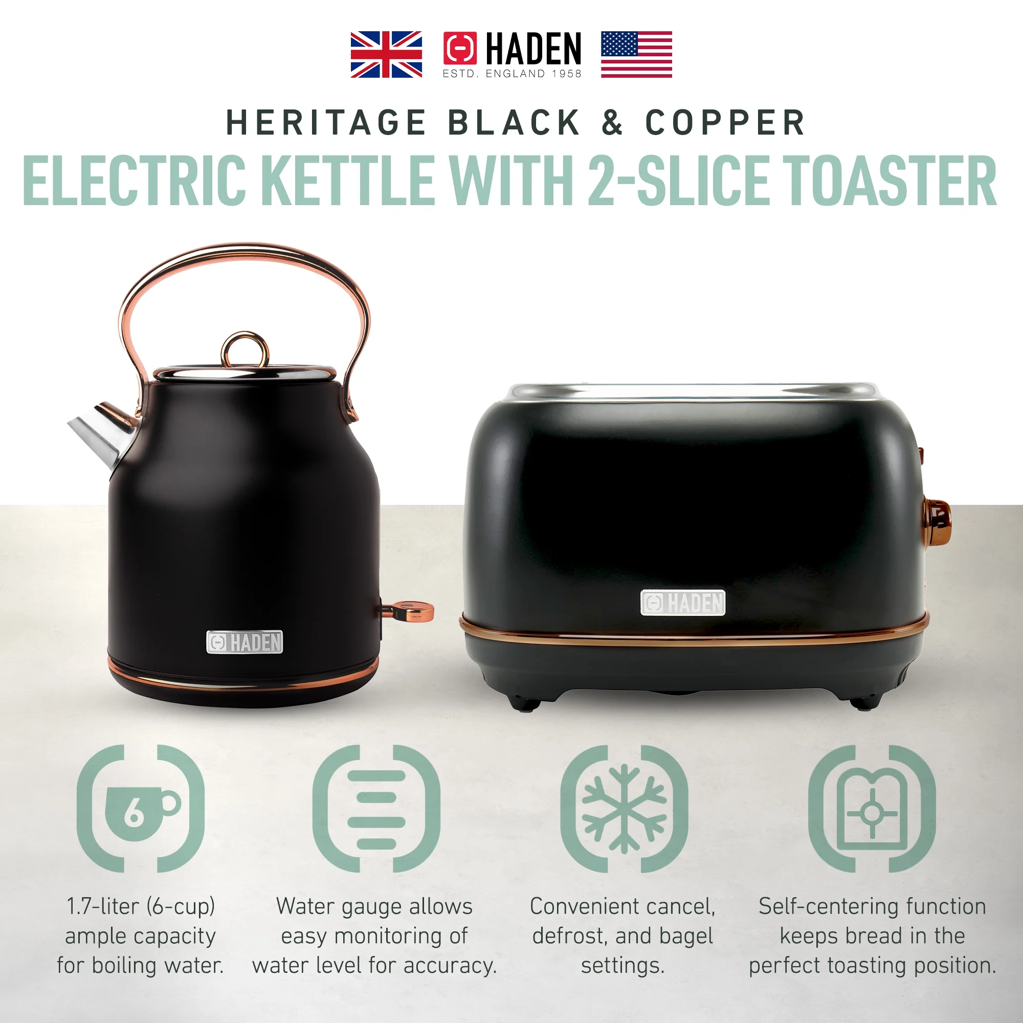 Haden Heritage 1.7 Liter Electric Kettle with 2 Slice Bread Toaster, White