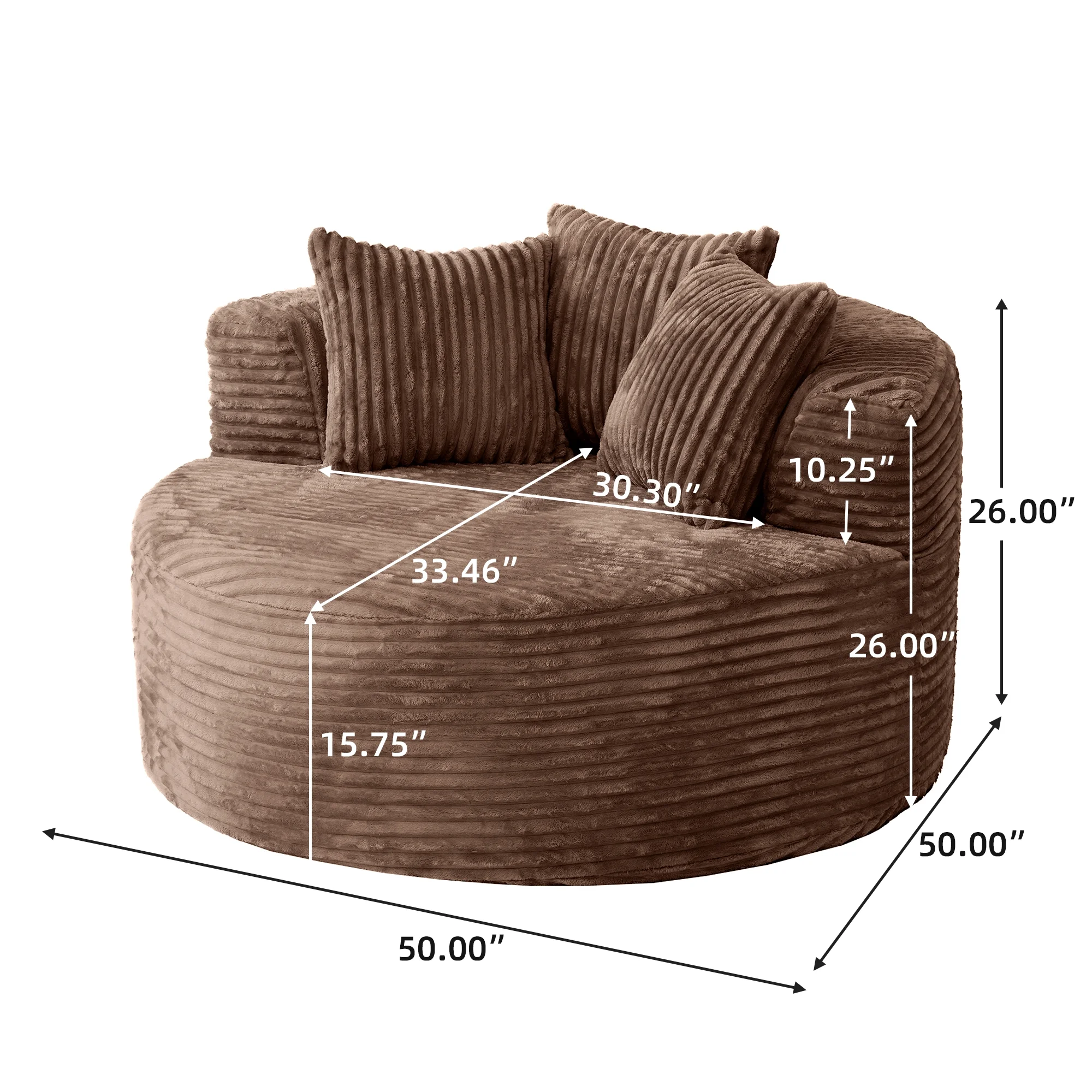 Sodrens Oversized Chaise Lounge Chair Indoor,Upholstered Sofa Bed with Throw Pillows and Armrests,Sleeper Chair for Living Room,Bedroom,Brown,Corduroy