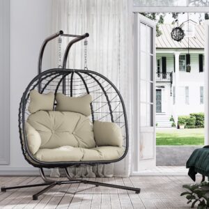Bifanuo Double Wicker Swing Egg Chair Hammock Foldable Hanging Loveseat with Stand, UV Resistant Removable Cushions, 700LBS Capacity for Bedroom, Balcony (Black and Beige)