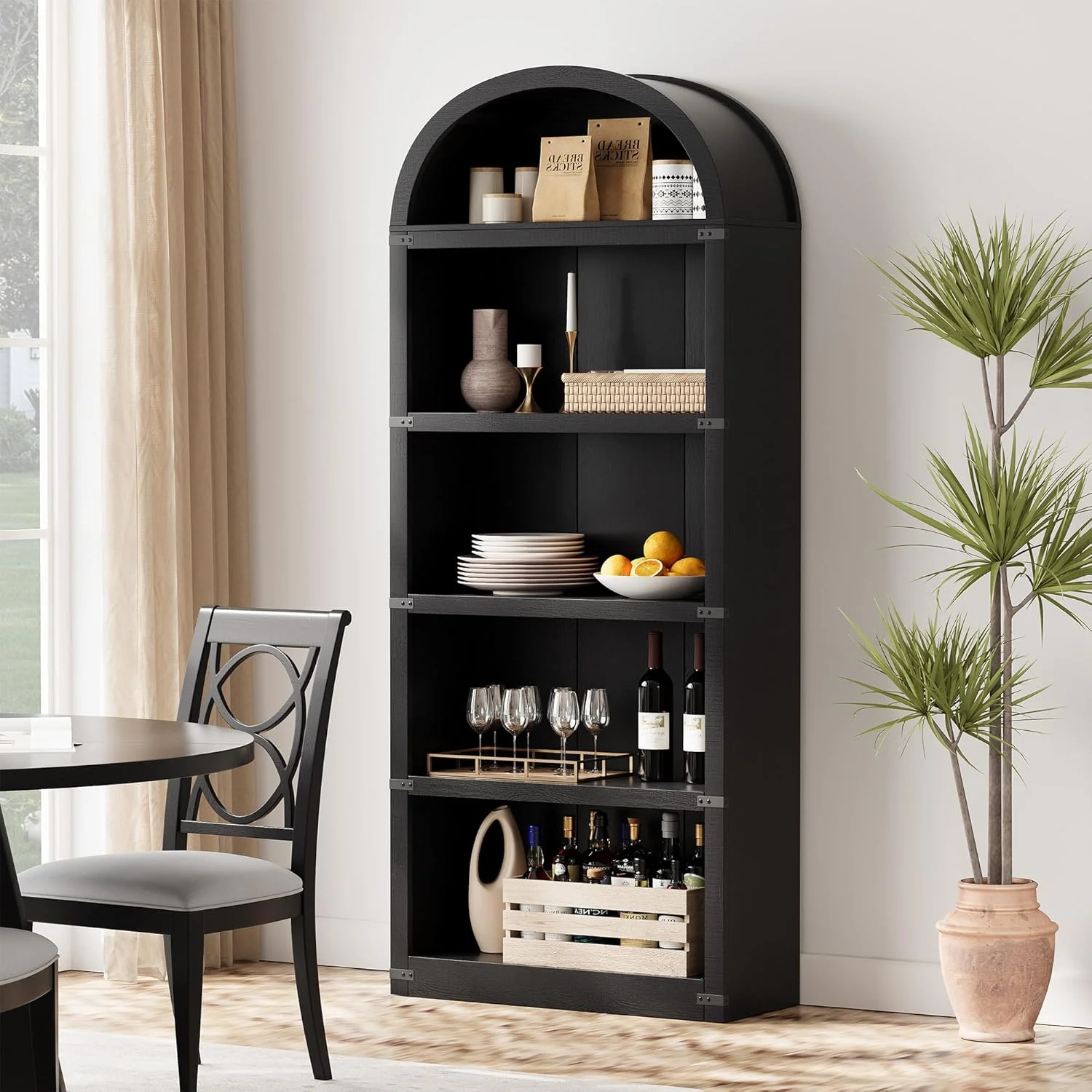 Bookcase 5 Shelf Arched Bookshelf 71.65in Tall Bookcase Farmhouse Display Storage Rack Wooden Bookshelves for Home Office, Living Room(white)