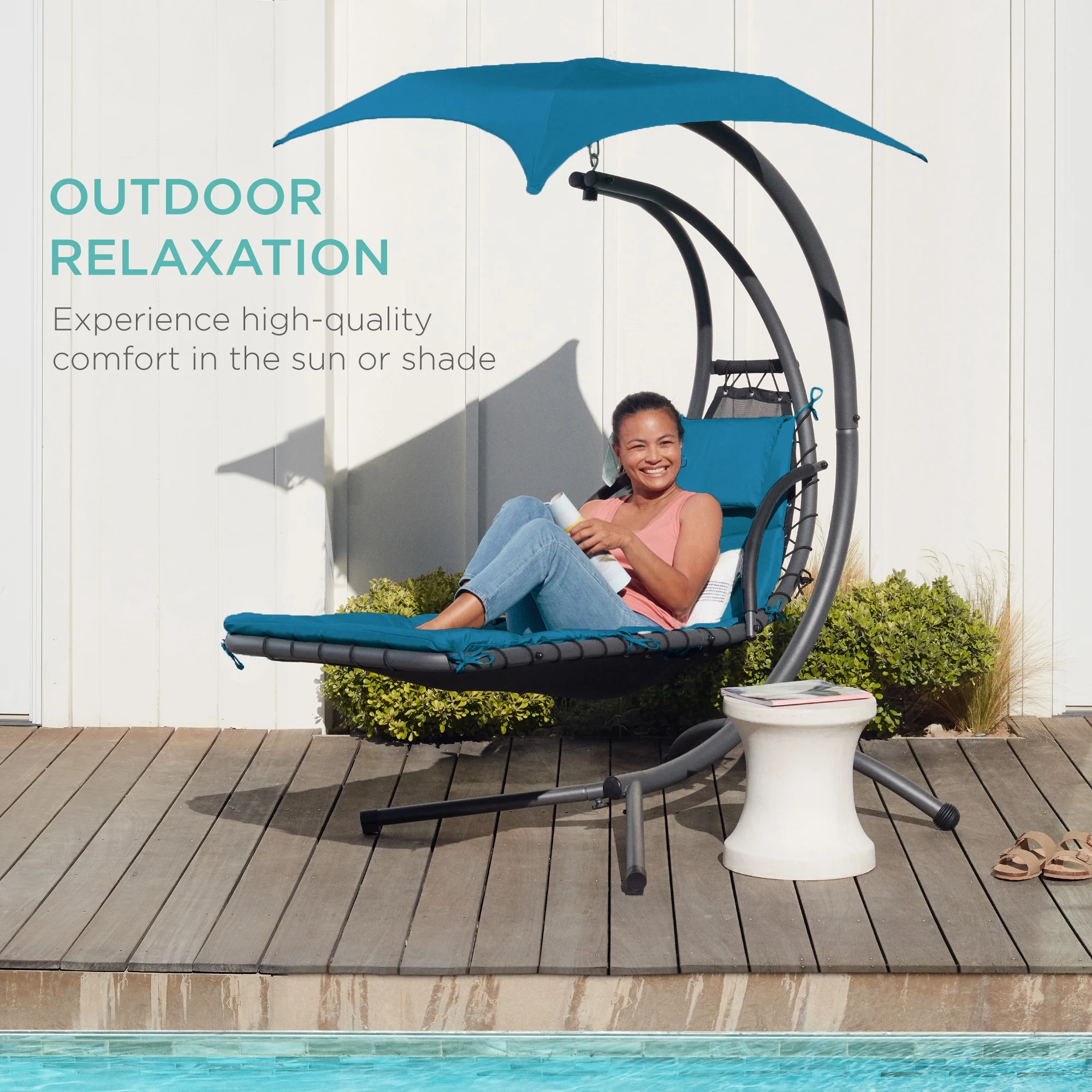 Best Choice Products Hanging Curved Chaise Lounge Chair Swing for Backyard, Patio w/ Pillow, Shade, Stand - Teal