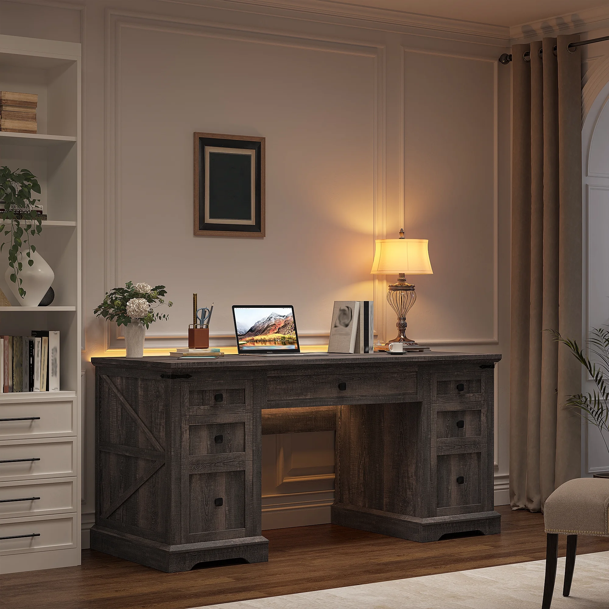 EnHomee Farmhouse Desk with Drawers, Wood Home Office Desk with Charging Station, Antique White
