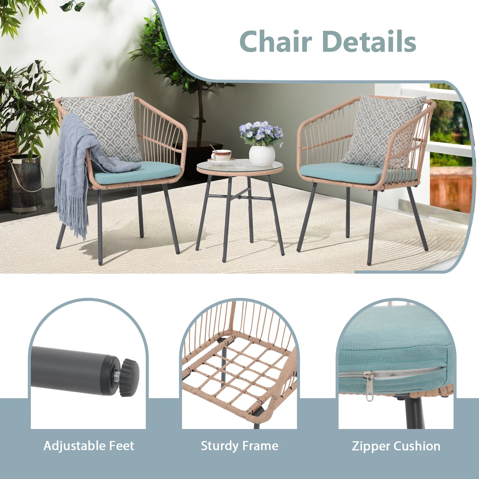 Patio Furniture Set, Betcozy3 Pieces Outdoor Chairs Set with Glass Coffee Table for Garden, Bistro, Porch, Balcony, Backyard