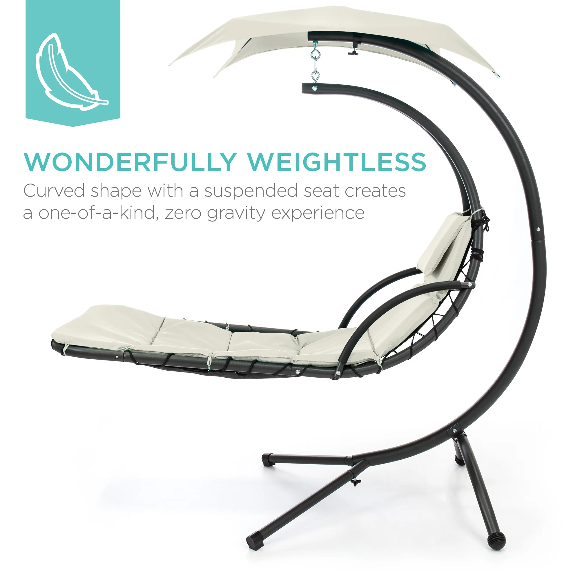 Best Choice Products Hanging Curved Chaise Lounge Chair Swing for Backyard, Patio w/ Pillow, Shade, Stand - Teal