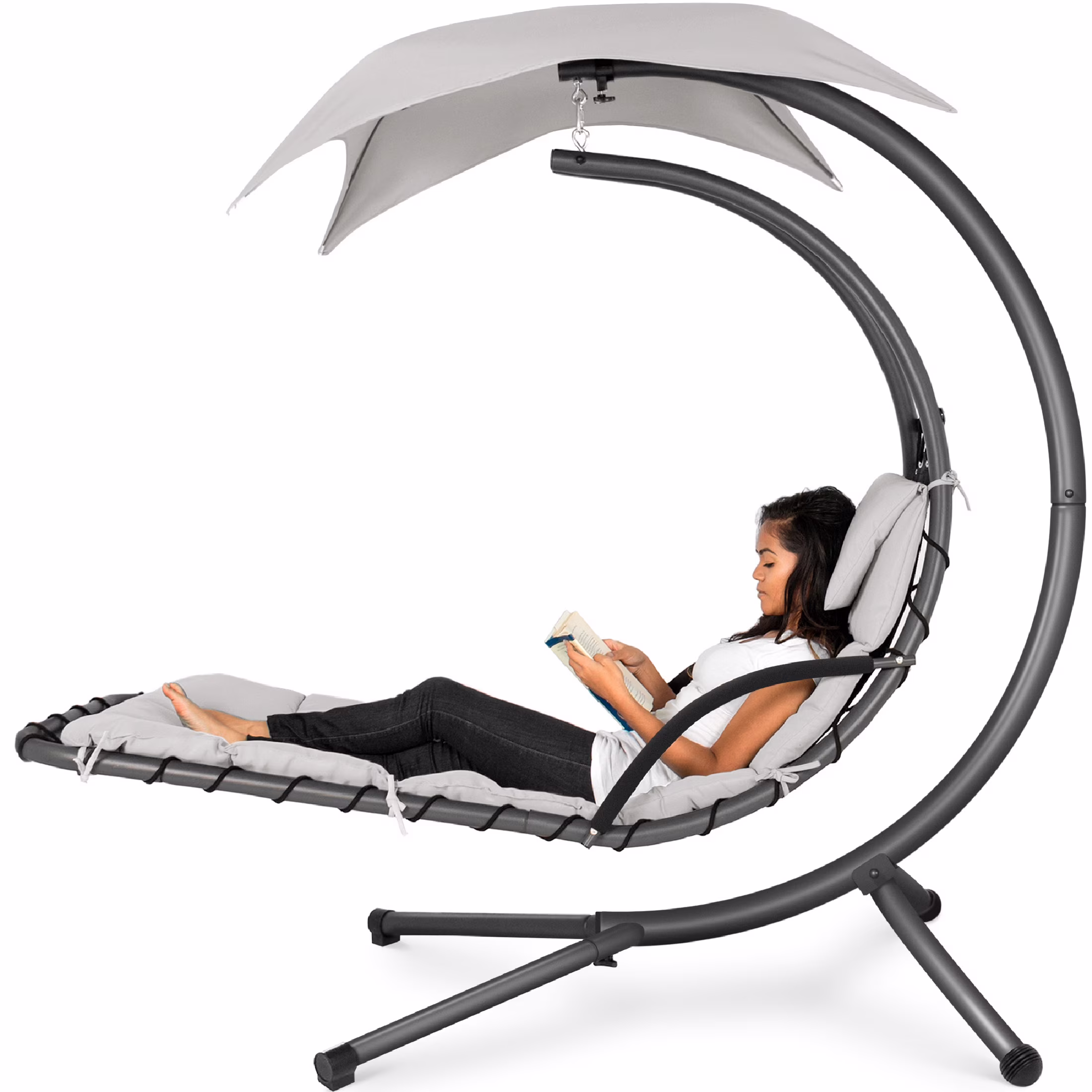 Best Choice Products Hanging Curved Chaise Lounge Chair Swing for Backyard, Patio w/ Pillow, Shade, Stand - Teal