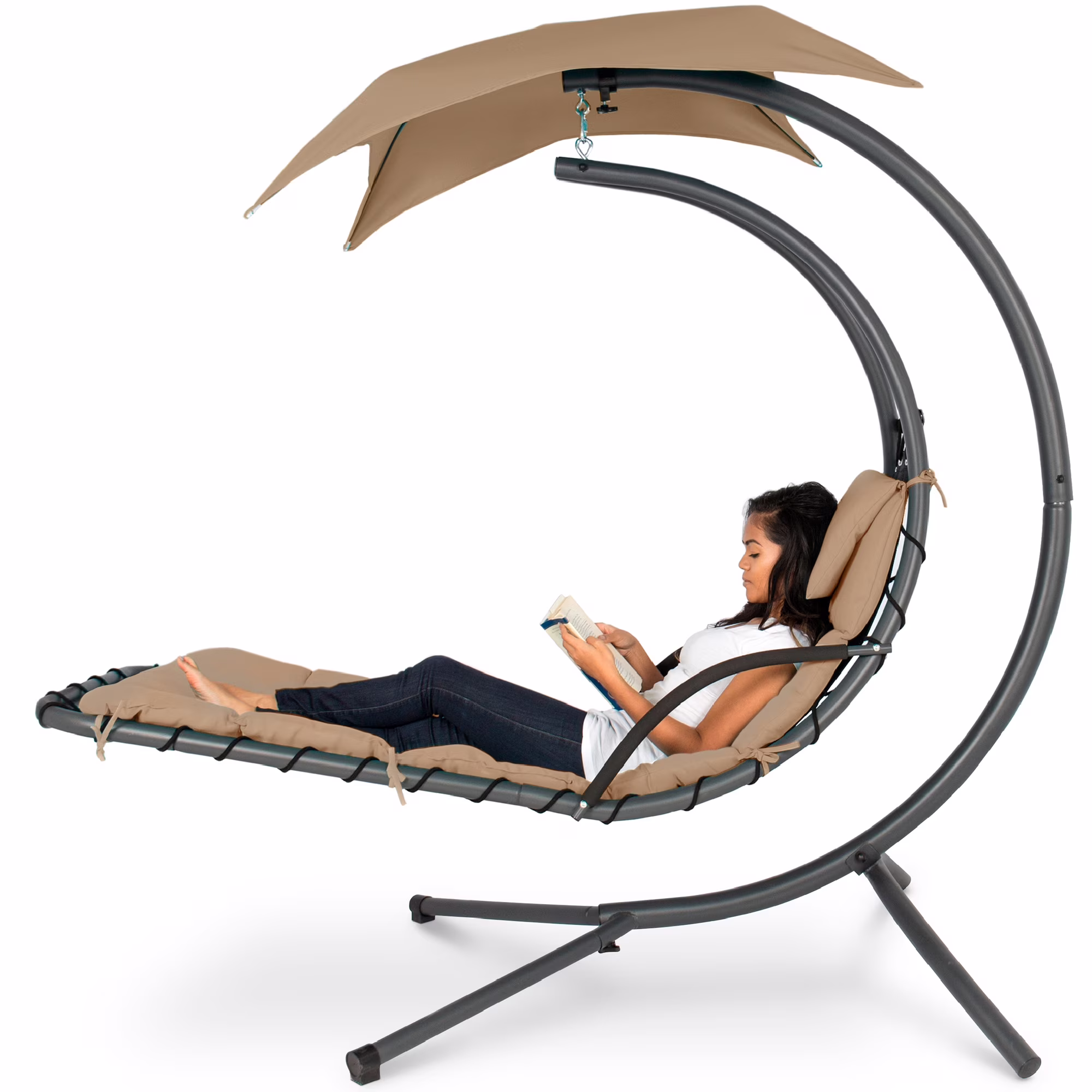 Best Choice Products Hanging Curved Chaise Lounge Chair Swing for Backyard, Patio w/ Pillow, Shade, Stand - Teal