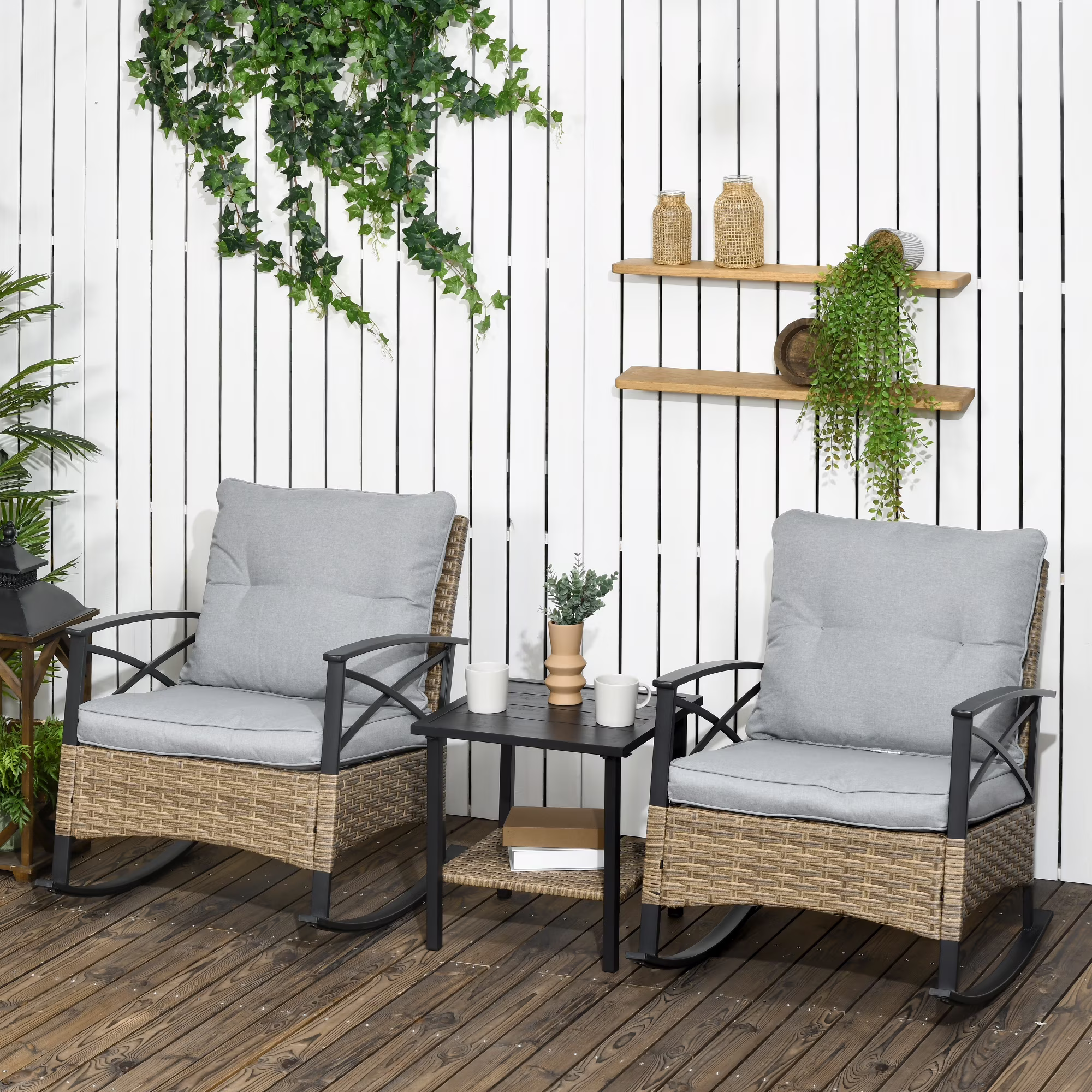Outsunny 3pc Rocking Chair Set w/ Cushions, Wicker Bistro Set, Blue