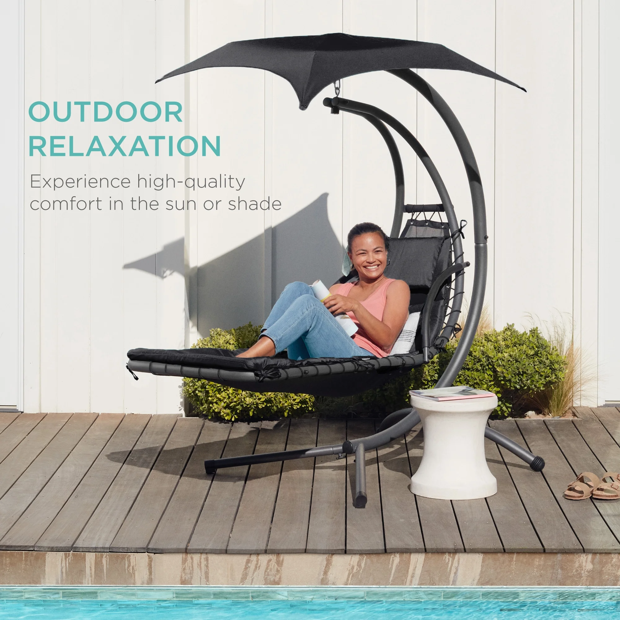 Best Choice Products Hanging Curved Chaise Lounge Chair Swing for Backyard, Patio w/ Pillow, Shade, Stand - Teal