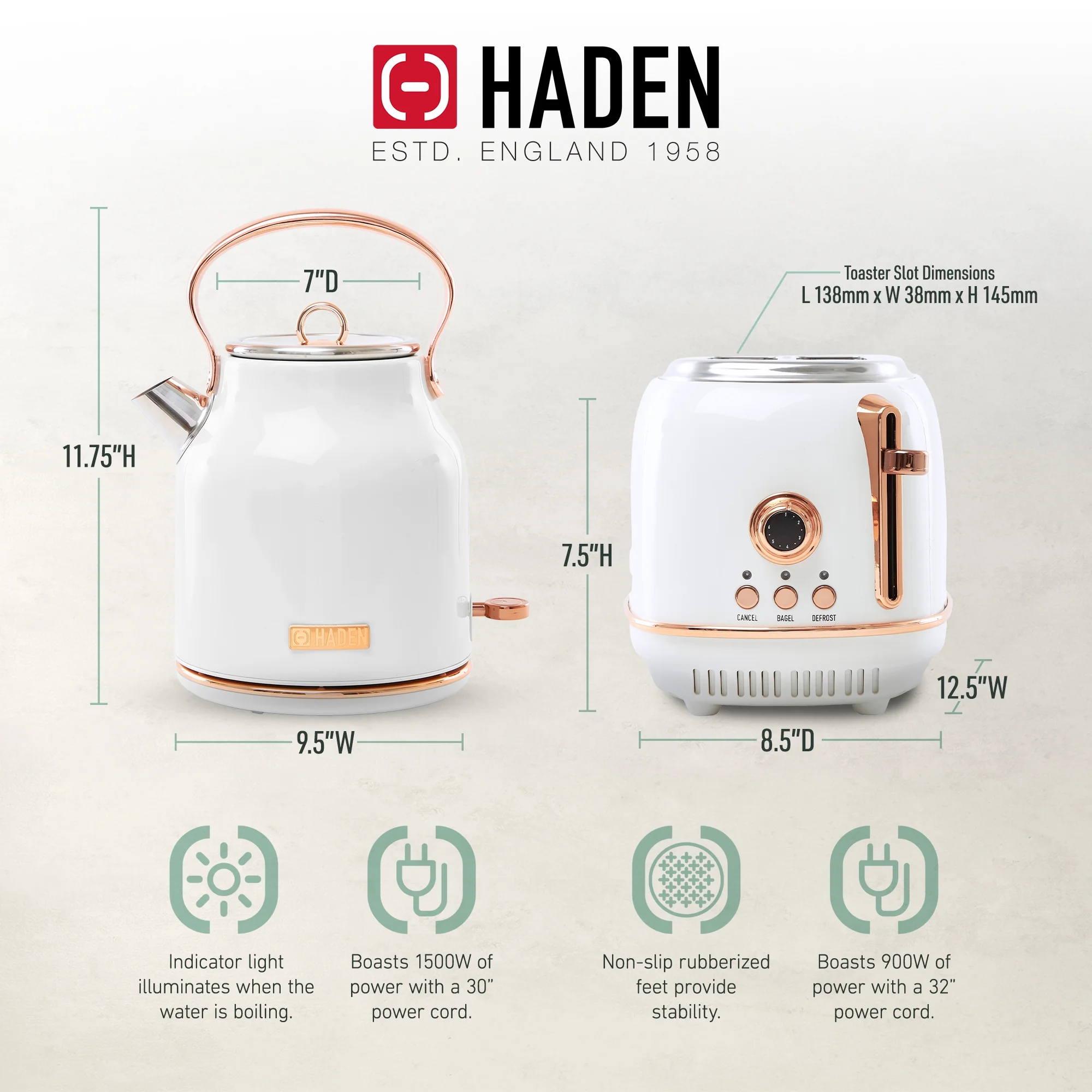 Haden Heritage 1.7 Liter Electric Kettle with 2 Slice Bread Toaster, White