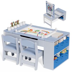 LAZY BUDDY Kids Art Table and 2 Chairs Set, 2 in 1 Easel & Toddler Craft Table and Chairs Set with Storage Bins, Paint Cups and Paper Roll, Activity Table Set for Children 3+