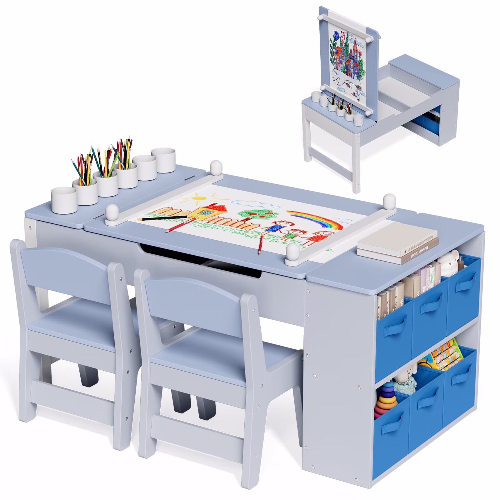 LAZY BUDDY Kids Art Table and 2 Chairs Set, 2 in 1 Easel & Toddler Craft Table and Chairs Set with Storage Bins, Paint Cups and Paper Roll, Activity Table Set for Children 3+