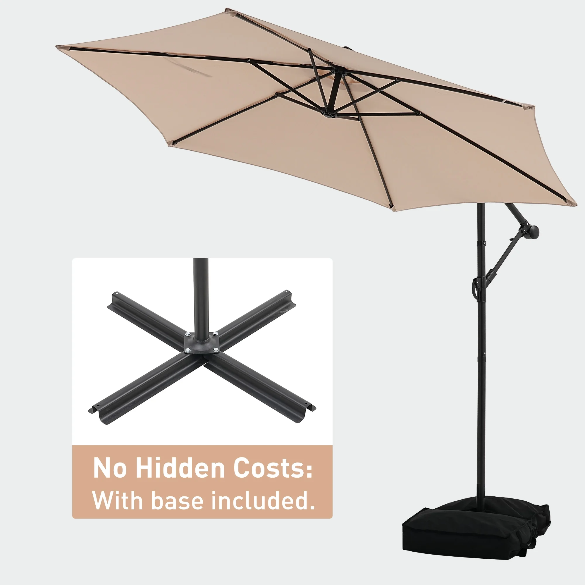 Ainfox 10ft Cantilever Patio Umbrella with Lights, Offset Market Umbrella with Sandbags Weighted Base and Cross Base,Khaki