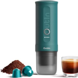 OutIn Nano Portable Electric Espresso Machine, Travel Coffee Maker for Camping, Car Coffee Maker Self-Heating with USB-C, With Ground Coffee & NS Capsule for RV, Hiking, Office