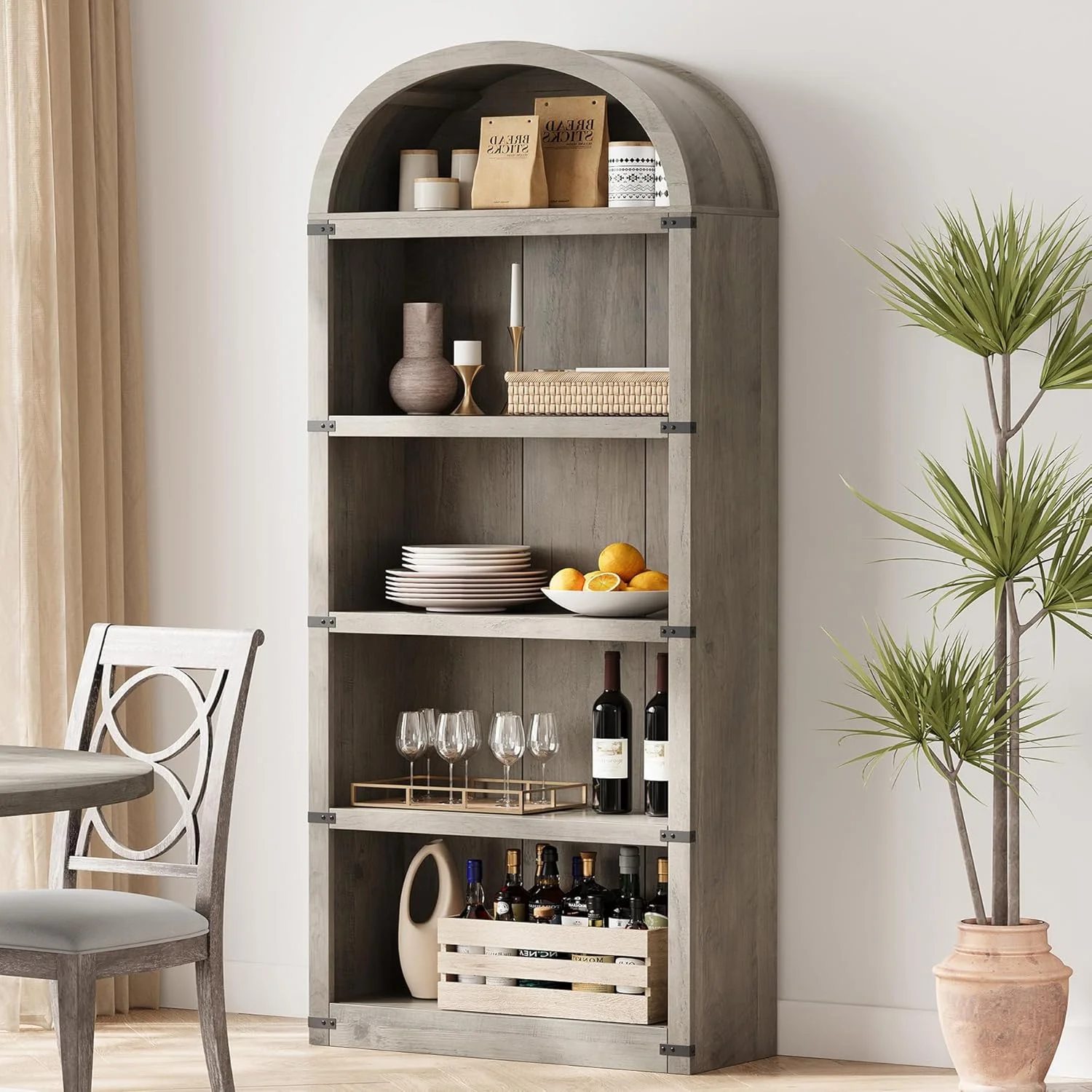 Bookcase 5 Shelf Arched Bookshelf 71.65in Tall Bookcase Farmhouse Display Storage Rack Wooden Bookshelves for Home Office, Living Room(white)