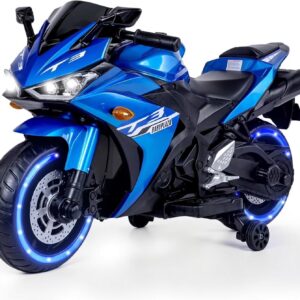 2 Seats Electric Dirt Bike Motorcycle for Kid 3-8, 12V Kids Motorcycle with Manual Throttle, Lighting Wheels, Music Function, Max Load 99LB (Blue)