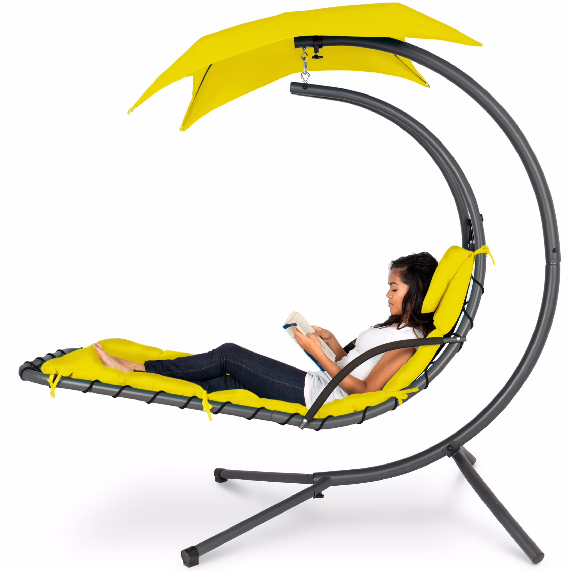 Best Choice Products Hanging Curved Chaise Lounge Chair Swing for Backyard, Patio w/ Pillow, Shade, Stand - Teal