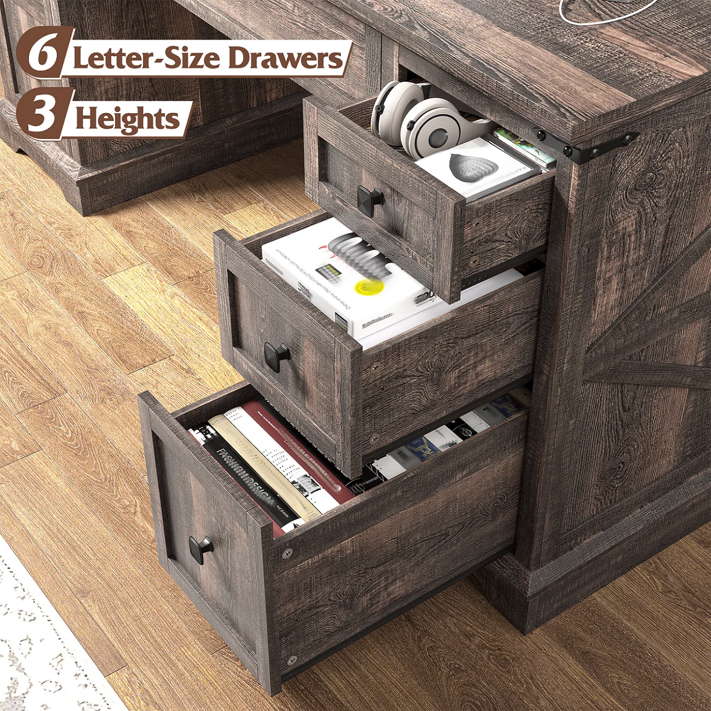 EnHomee Farmhouse Desk with Drawers, Wood Home Office Desk with Charging Station, Antique White