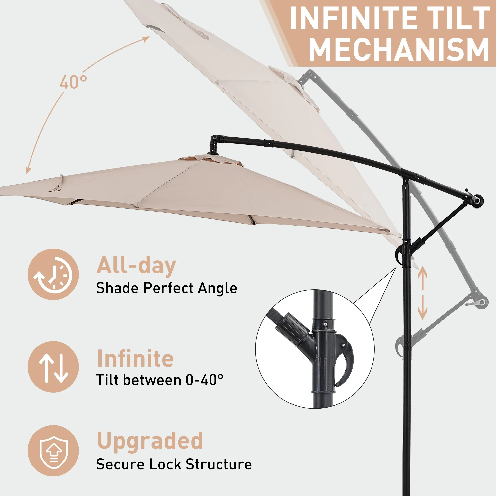 Ainfox 10ft Cantilever Patio Umbrella with Lights, Offset Market Umbrella with Sandbags Weighted Base and Cross Base,Khaki