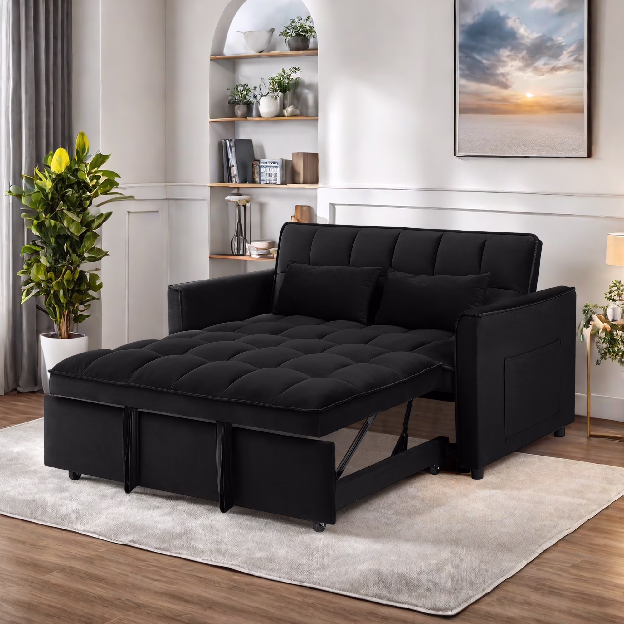 Convertible Sofa Bed,3-in-1 Sleeper Sofa with Pull Out Bed,Sleeper Futon Couch Loveseat with Adjsutable Backrest and Pillows for Living Room,Black