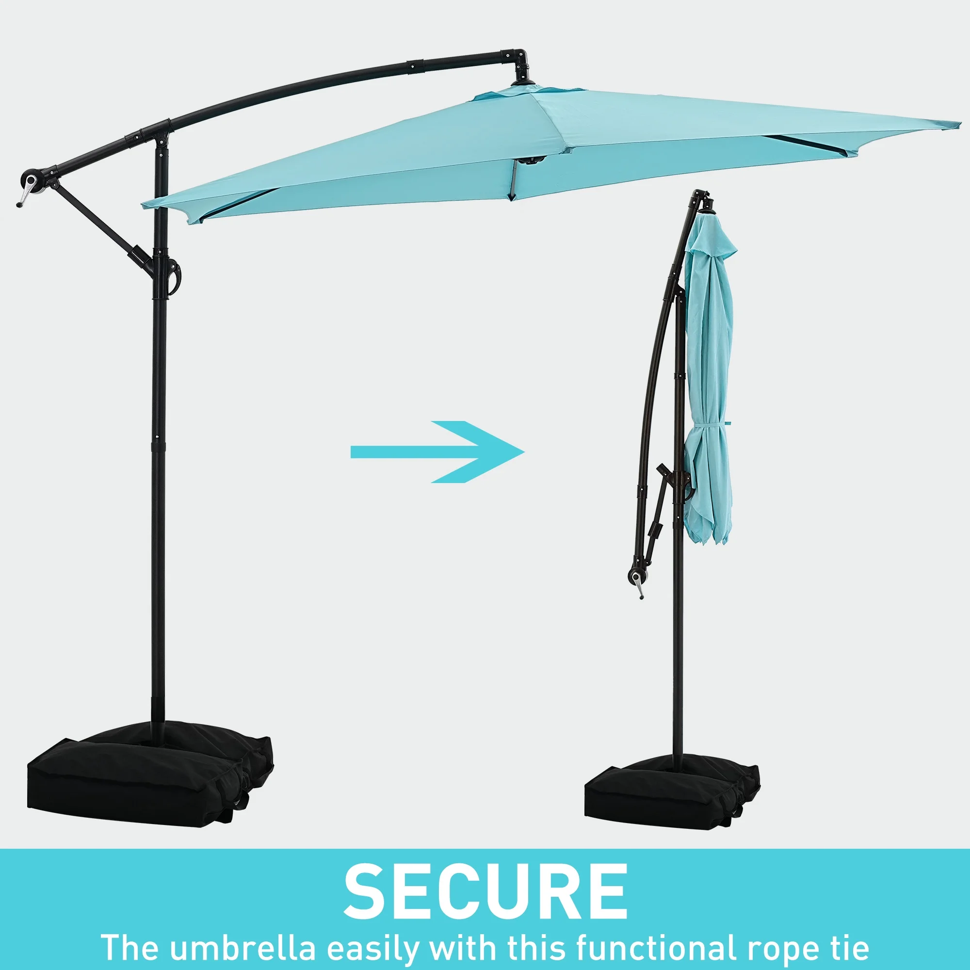 Ainfox 10ft Cantilever Patio Umbrella with Lights, Offset Market Umbrella with Sandbags Weighted Base and Cross Base,Khaki