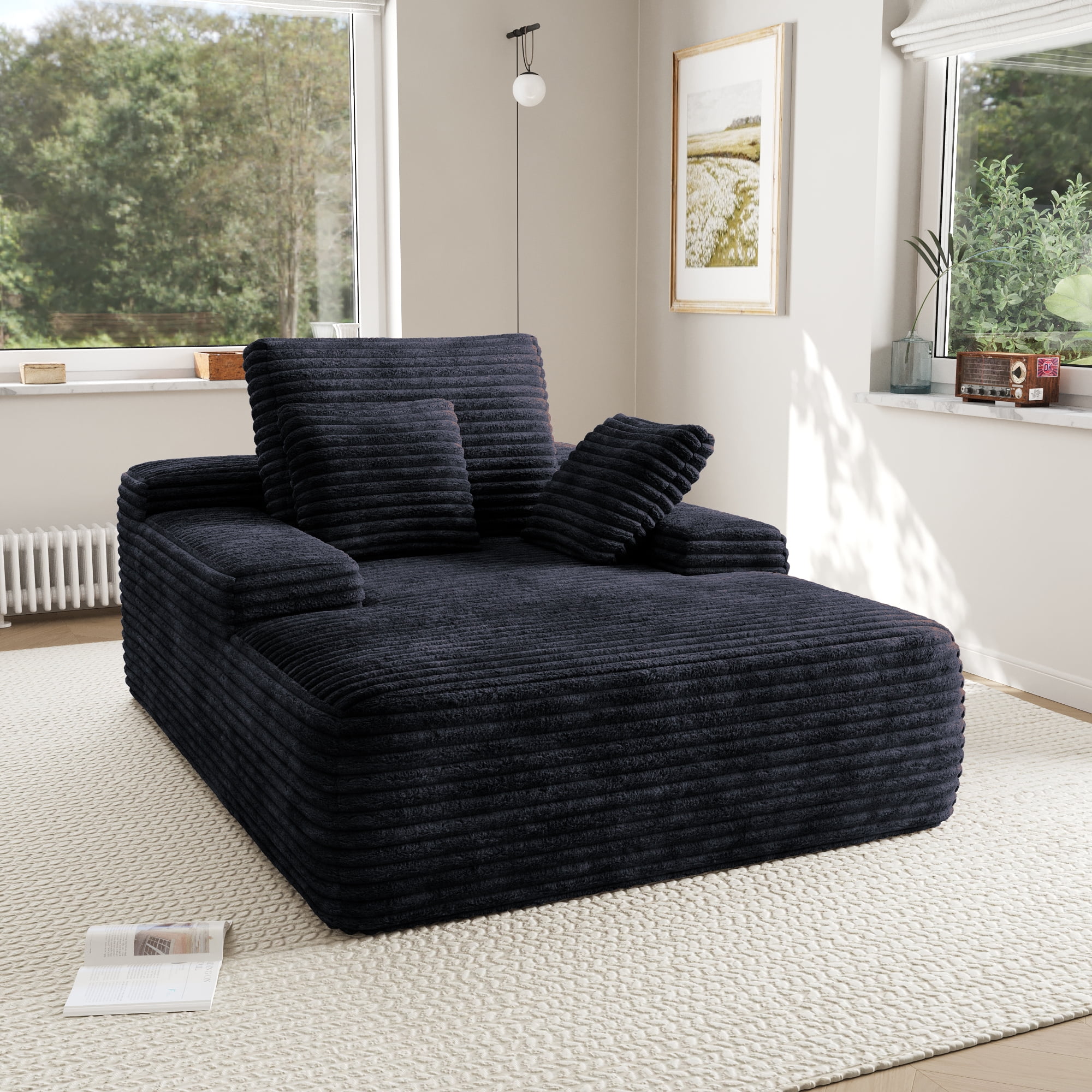 Sodrens Oversized Chaise Lounge Chair Indoor,Upholstered Sofa Bed with Throw Pillows and Armrests,Sleeper Chair for Living Room,Bedroom,Brown,Corduroy