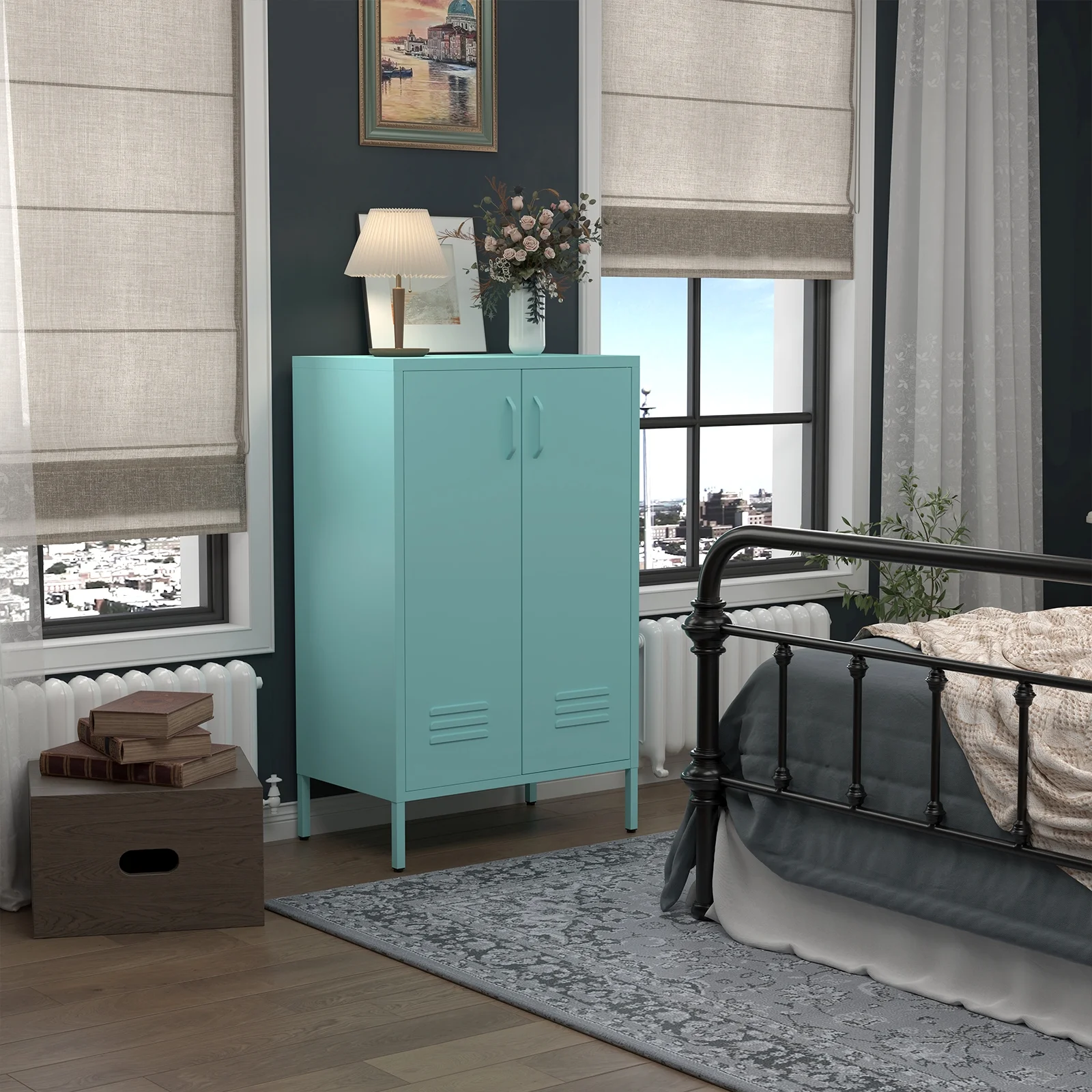 Marcree Green Metal Cabinet,2 Door Accent Cabinet,Metal Locker Cabinet with Legs,Sideboard Cabinet with Adjustable Shelves,Locker Storage Cabinet for Living Room,Entryway