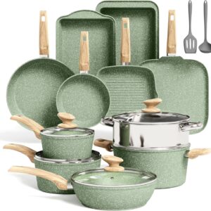 Kitchen Academy 17 Pieces Induction Cookware Set with Griddle, Green Granite Pots and Pans Set Non Stick, Healthy Nonstick Cooking Pans Set