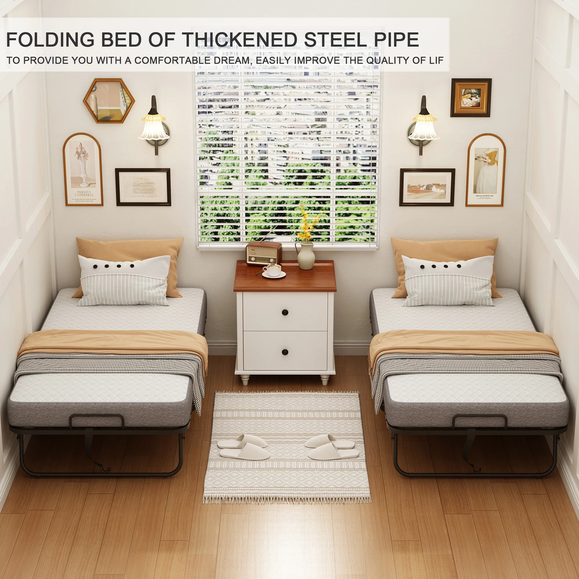 Folding Bed with Mattress 75" x 31" Cot Size Folded Bed, Rollaway Guest Bed Portable Foldable Extra Bed for Adults Daybed with 5" Memory Foam Mattress Space-Saving Sturdy Metal Grid Frame