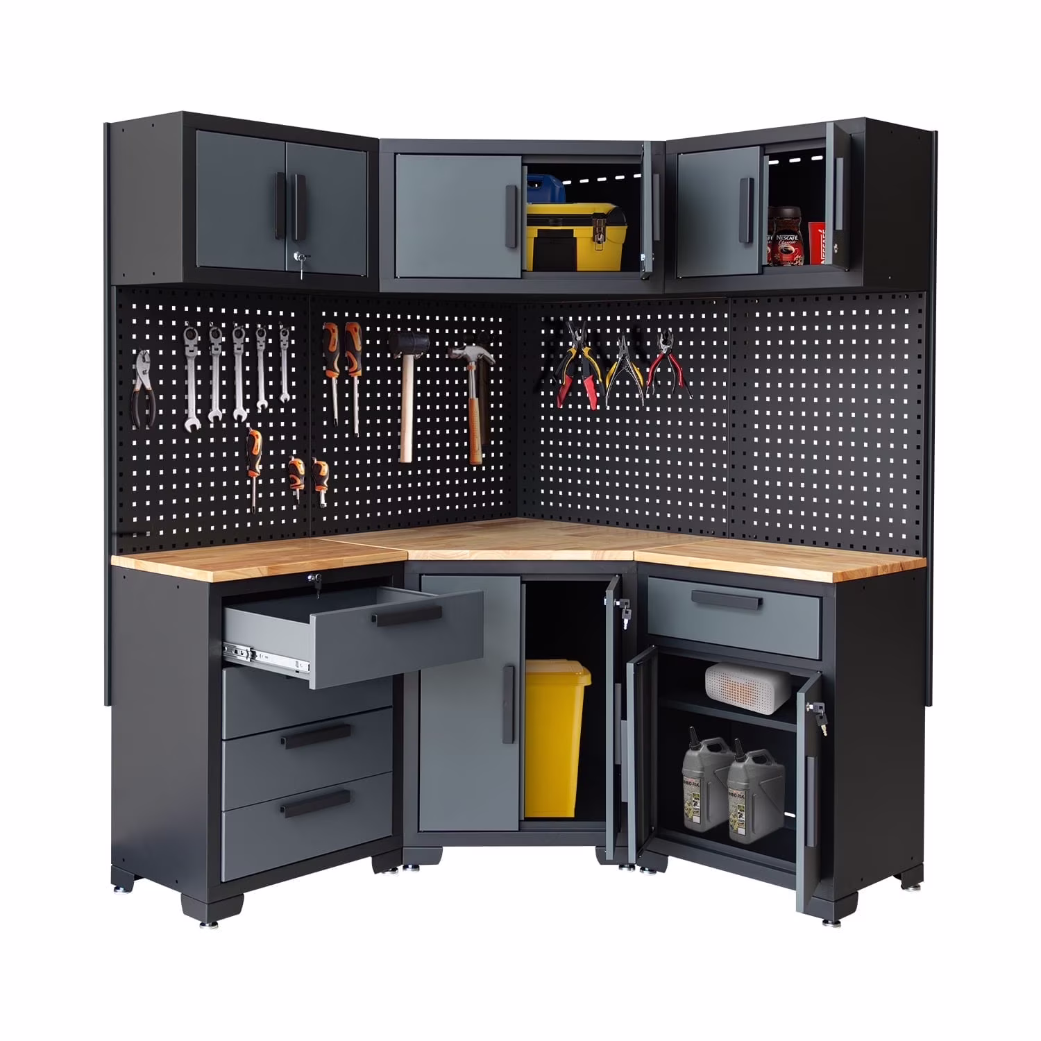 HPDMC Garage Storage Cabinet System 7-Pcs Workshop Set Metal Garage Cabinets System with Steel Cabinet Drawers, Workbench, Pegboard for Garage Tool Organization