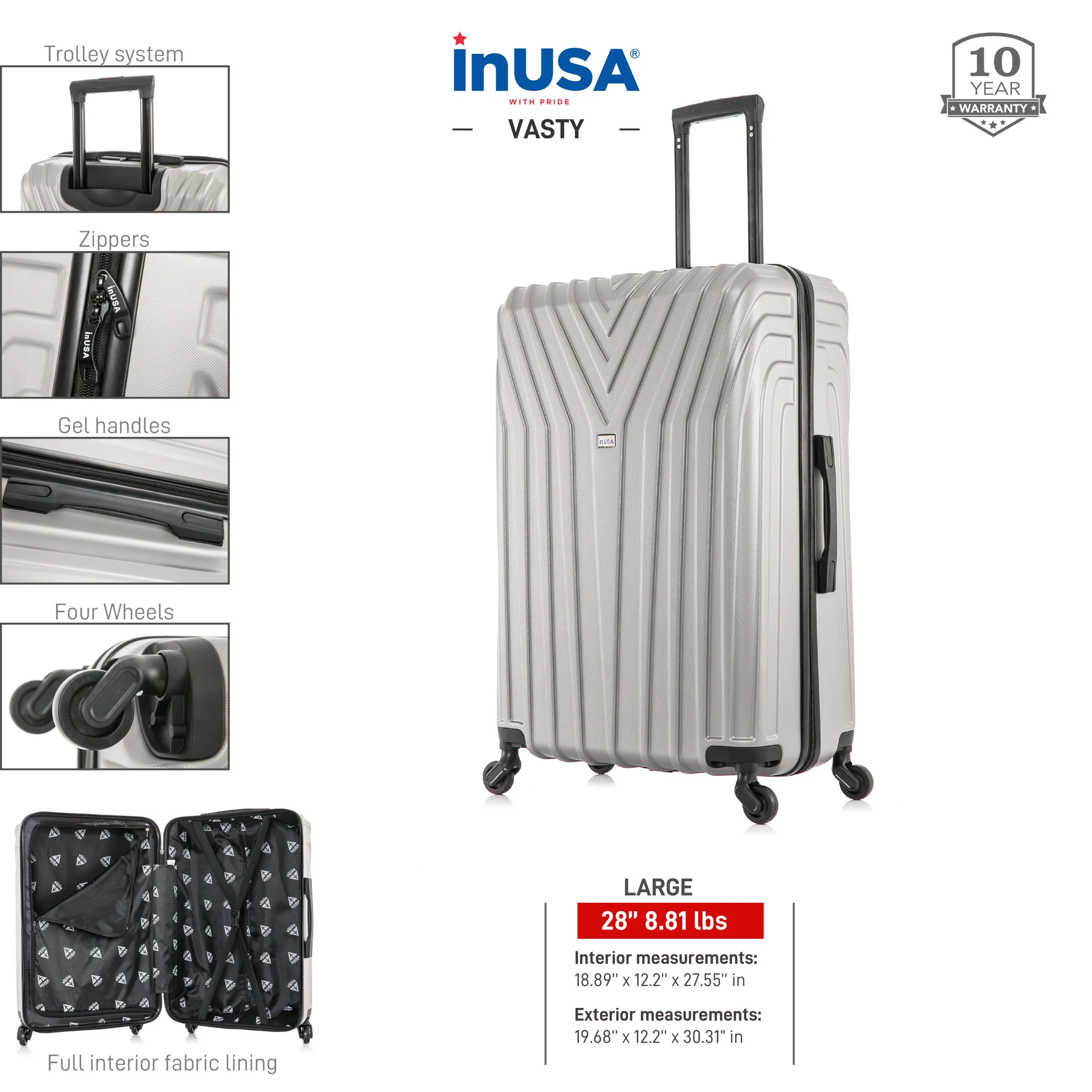 InUSA Vasty 28" Hardside Lightweight Luggage with Spinner Wheels, Handle, and Trolley, Gray
