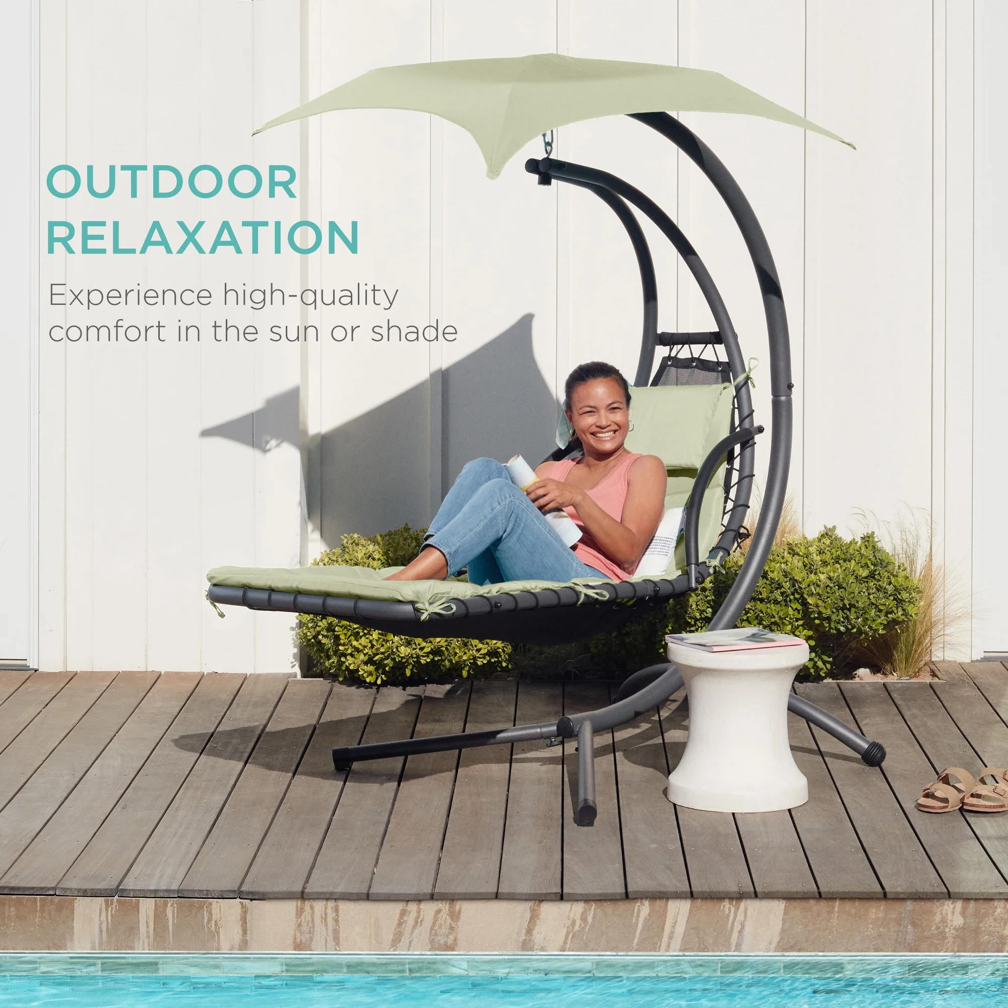 Best Choice Products Hanging Curved Chaise Lounge Chair Swing for Backyard, Patio w/ Pillow, Shade, Stand - Teal