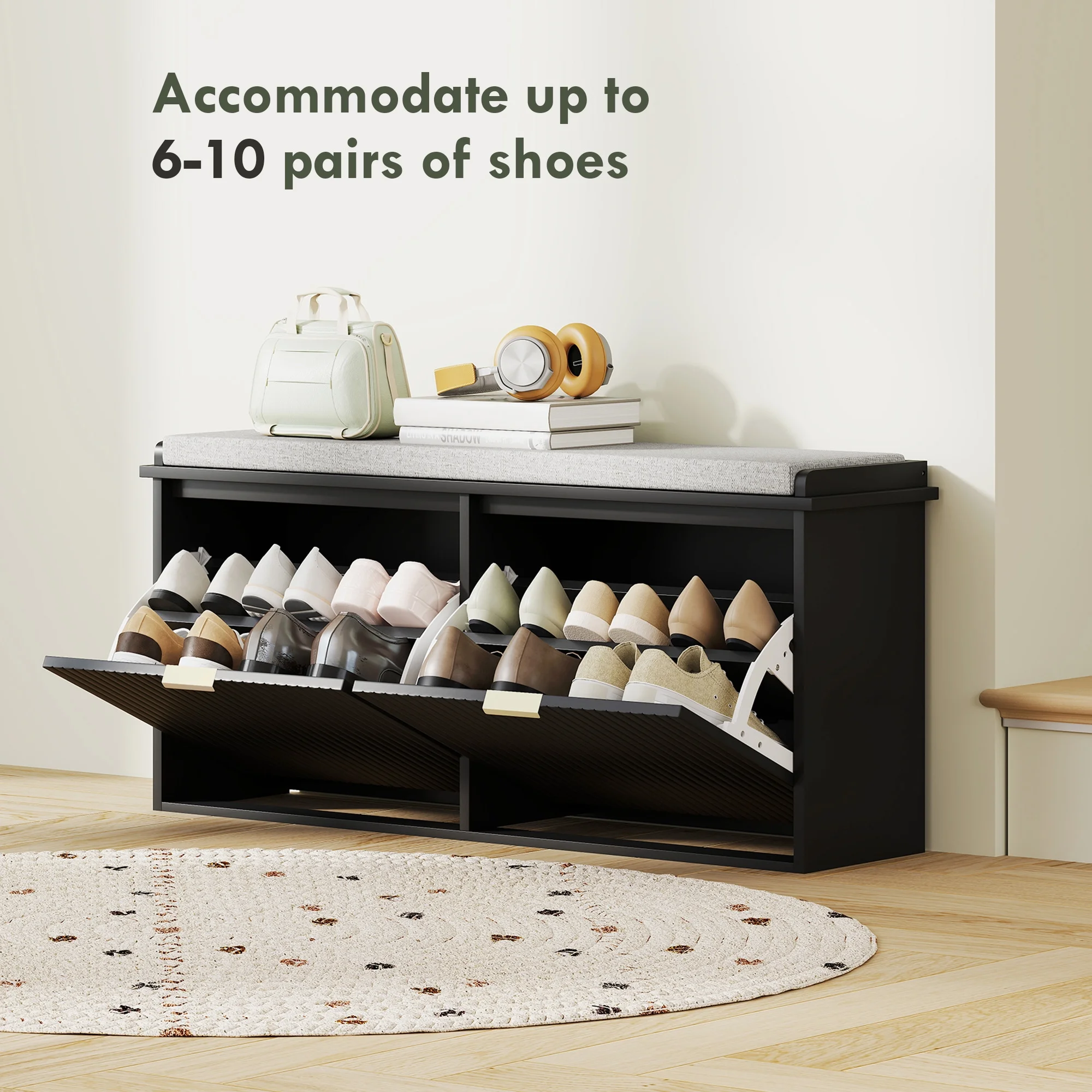 HOMCOM Shoe Bench with Padded Seat Cushion and Flip-Drawer, Entryway Bench Holds up to 529lb, 40.9x10.2x18.7 Inches, Black