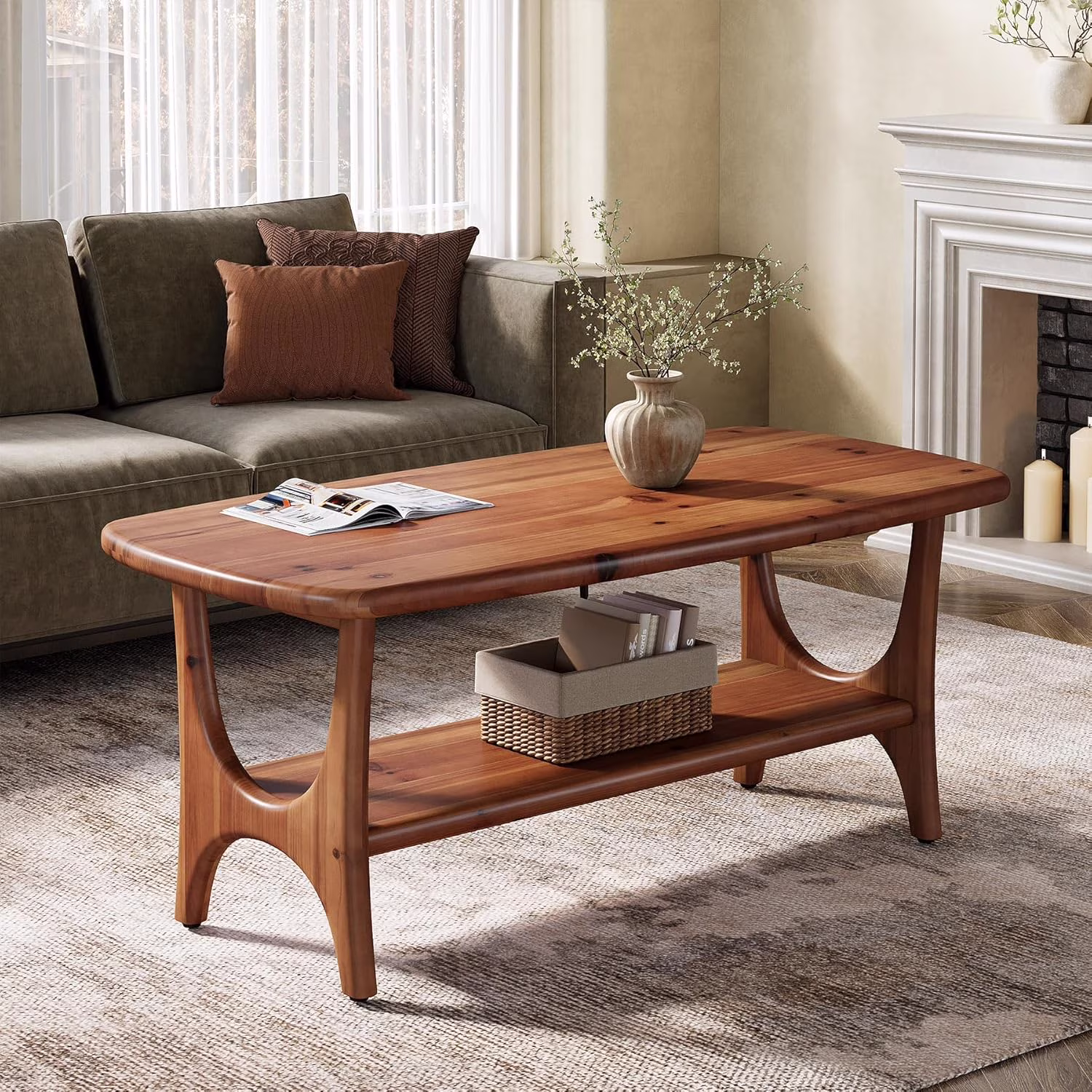 Fimind Solid Wood Coffee Table, 47.24" Mid-Century Modern Rectangle Center Table with 2-Tier Storage Shelf for Living Room, Small Space