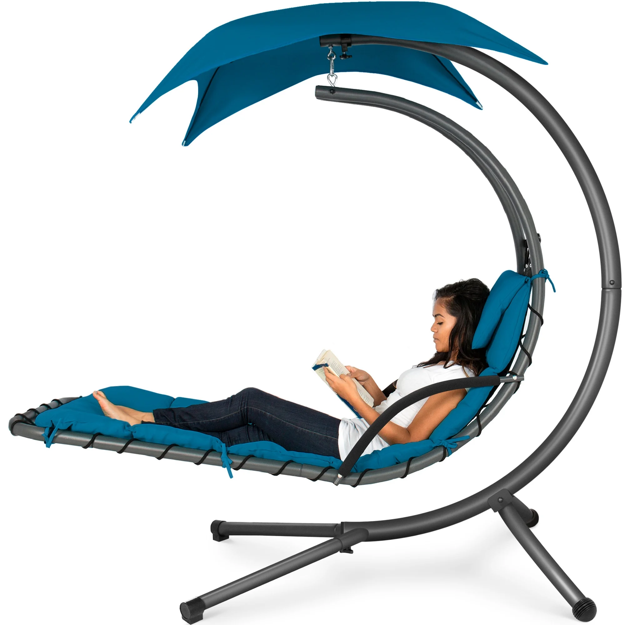 Best Choice Products Hanging Curved Chaise Lounge Chair Swing for Backyard, Patio w/ Pillow, Shade, Stand - Teal
