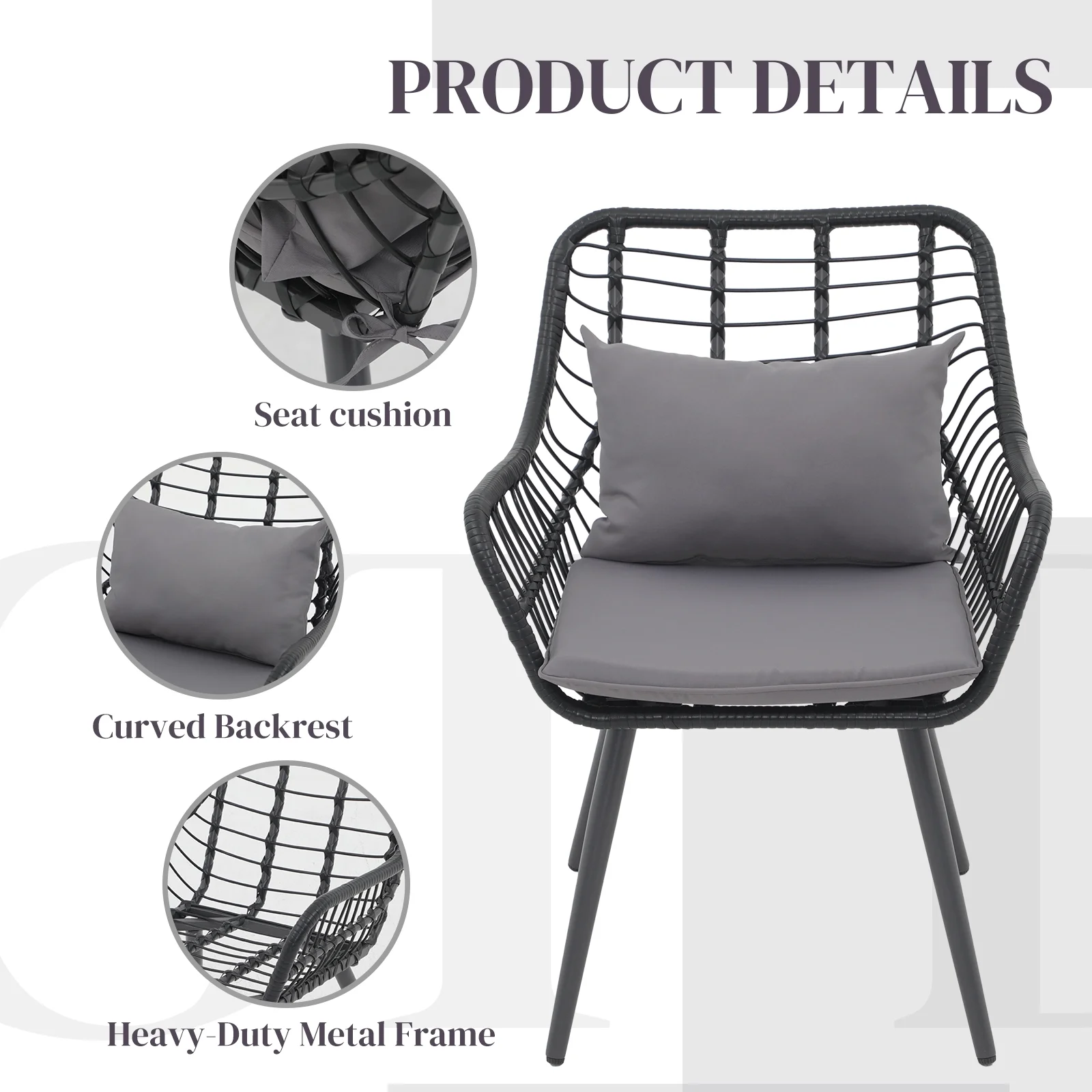 Patio Furniture Set, Betcozy3 Pieces Outdoor Chairs Set with Glass Coffee Table for Garden, Bistro, Porch, Balcony, Backyard